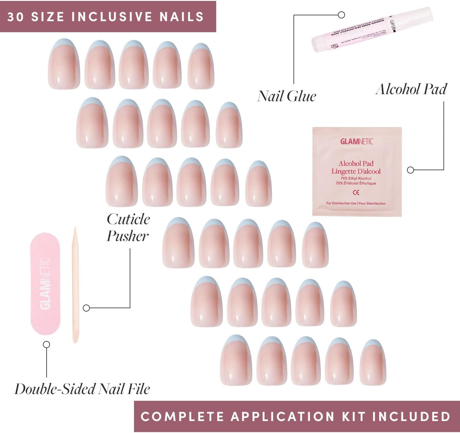 Glamnetic Press on Nails - into Blue | Glazed Short Oval Fake Nails with Periwinkle French Tips, Salon Quality Summer Nails | 15 Sizes - 30 Nail Kit with Glue - 1E - Candy Corn image number 6