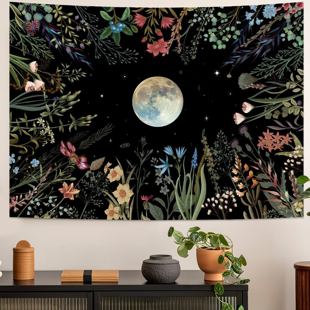 Moonlit Garden Tapestry Boho Moon Tapestry Floral Flower Tapestries Colorful Plants Tapestries Black Wall Hanging Decor for Home image number 1