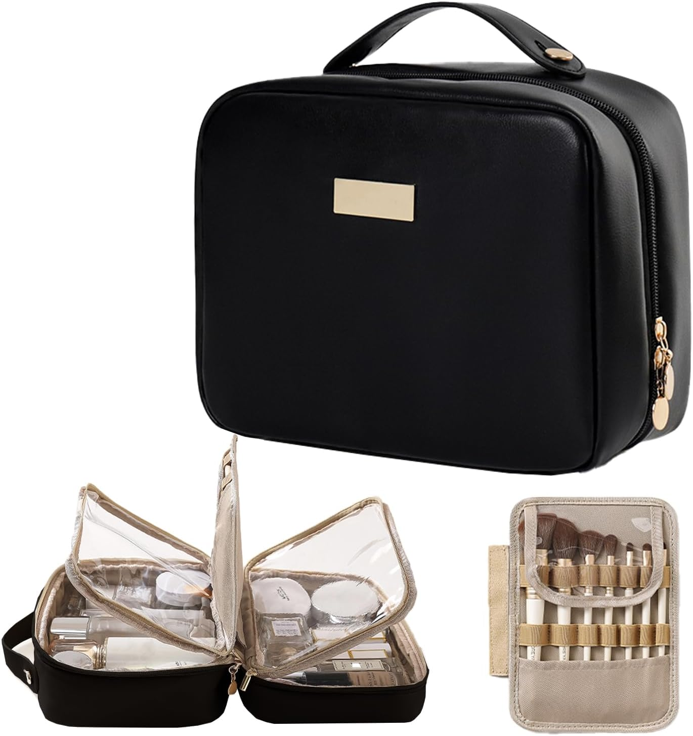 VNIMTI Travel Makeup Bag, 2 Layer Makeup Organizer with Brush Holder, Large Cosmetic Bag Toiletry Bag, Big Portable Makeup Pouch for Women, PU Leather, Waterproof (White)