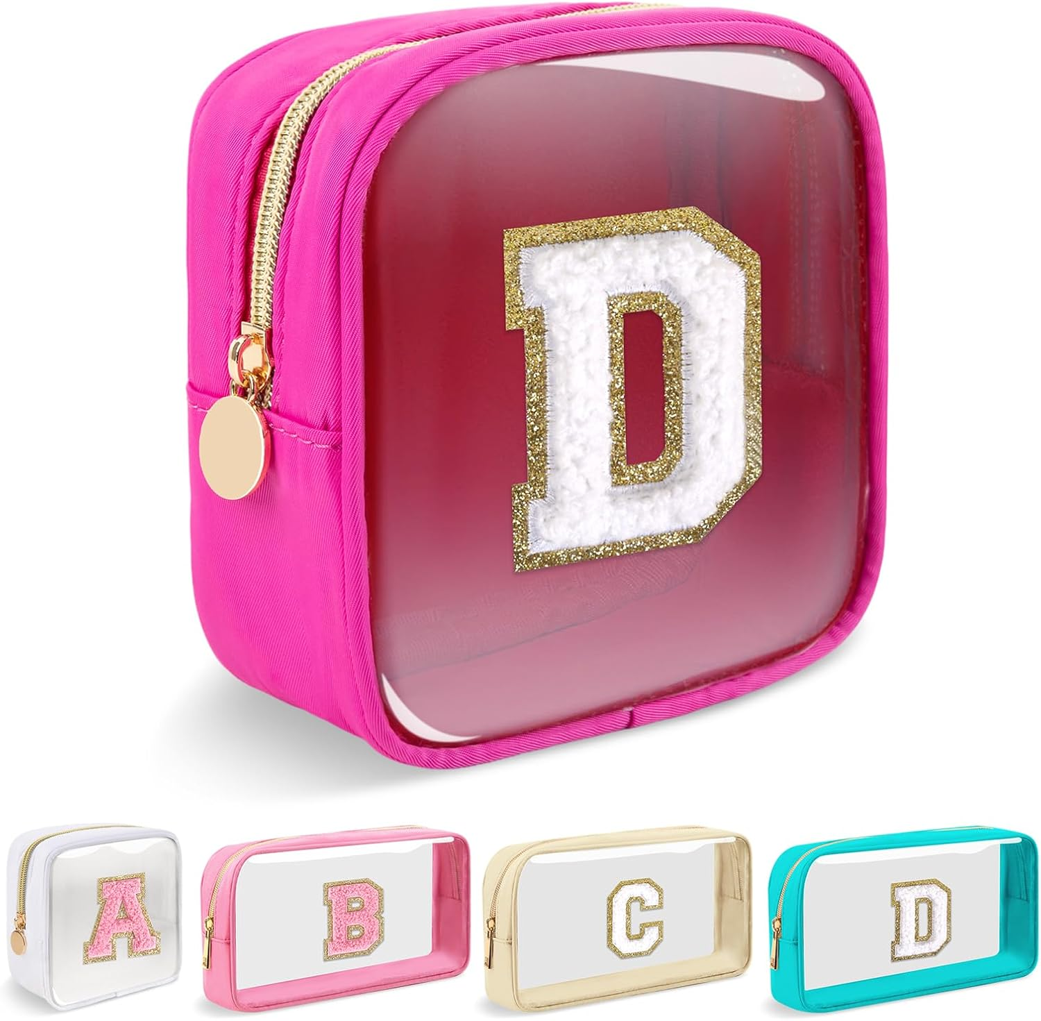 Mini Clear Personalized Initial Makeup Bag, Nylon Preppy A-Z Chenille Letter Patch Zipper Cosmetic Bag, Small Cute Pouch Travel Coin Purse Toiletry Bag, Mini-Hotpink, F