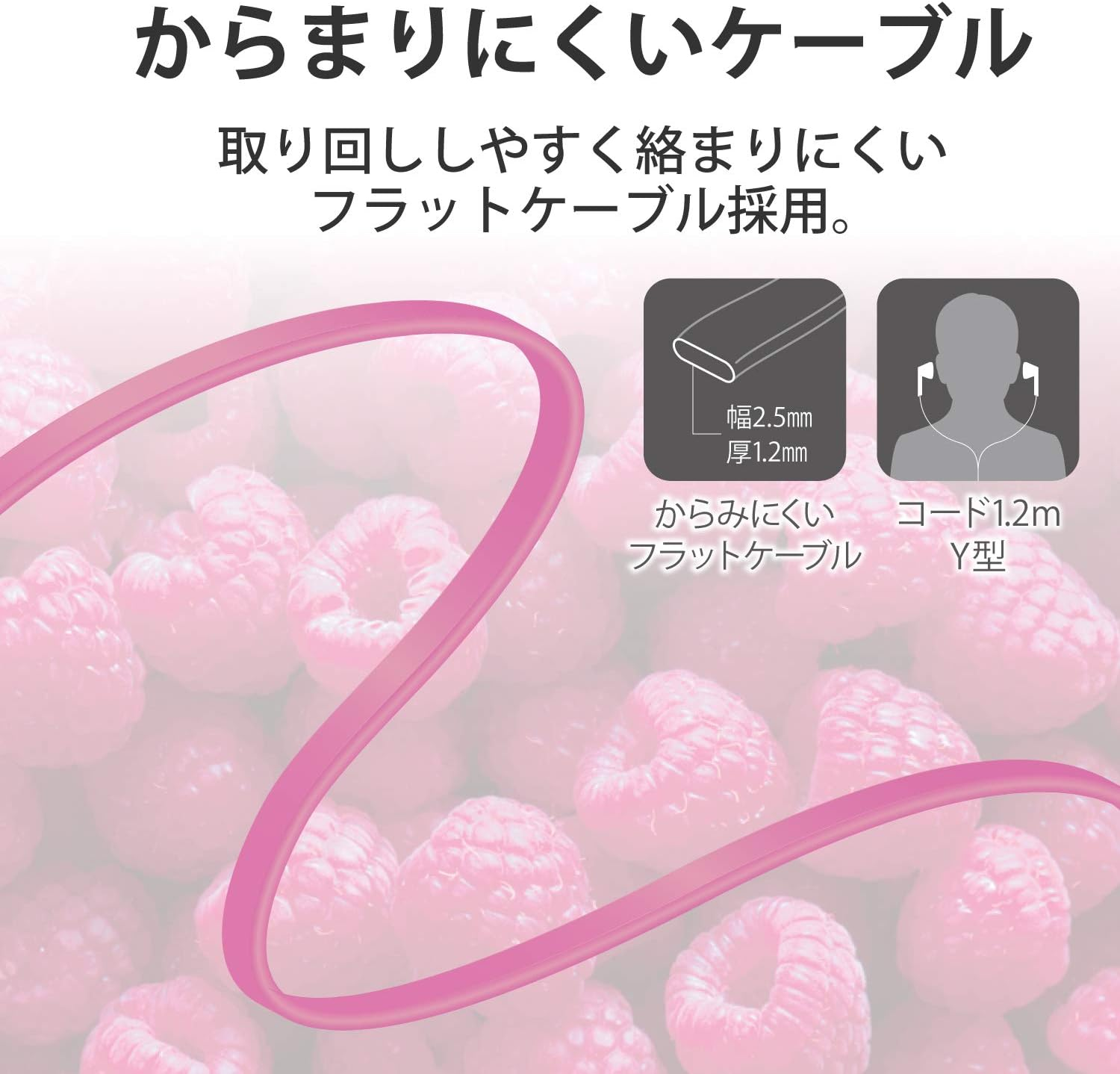 Elecom EHP-C3520PND Stereo Earphones, Anti-Tangle Flat Cord, Y-Type, 0.4 Inch (9 Mm) Driver, Deep Pink - Deep Blue image number 2