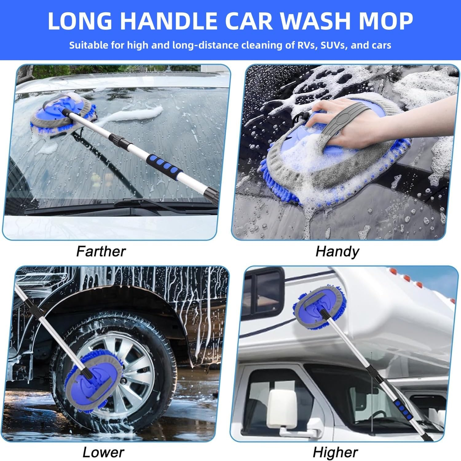65" Car Wash Brush with Long Handle,Car Wash Mop, Windshield Cleaner Multi-Functional Wash Brush，Flow-Thru Soft Bristle Car Washing Brush with Extendable Handle and Hose Attachment for Car, Boat