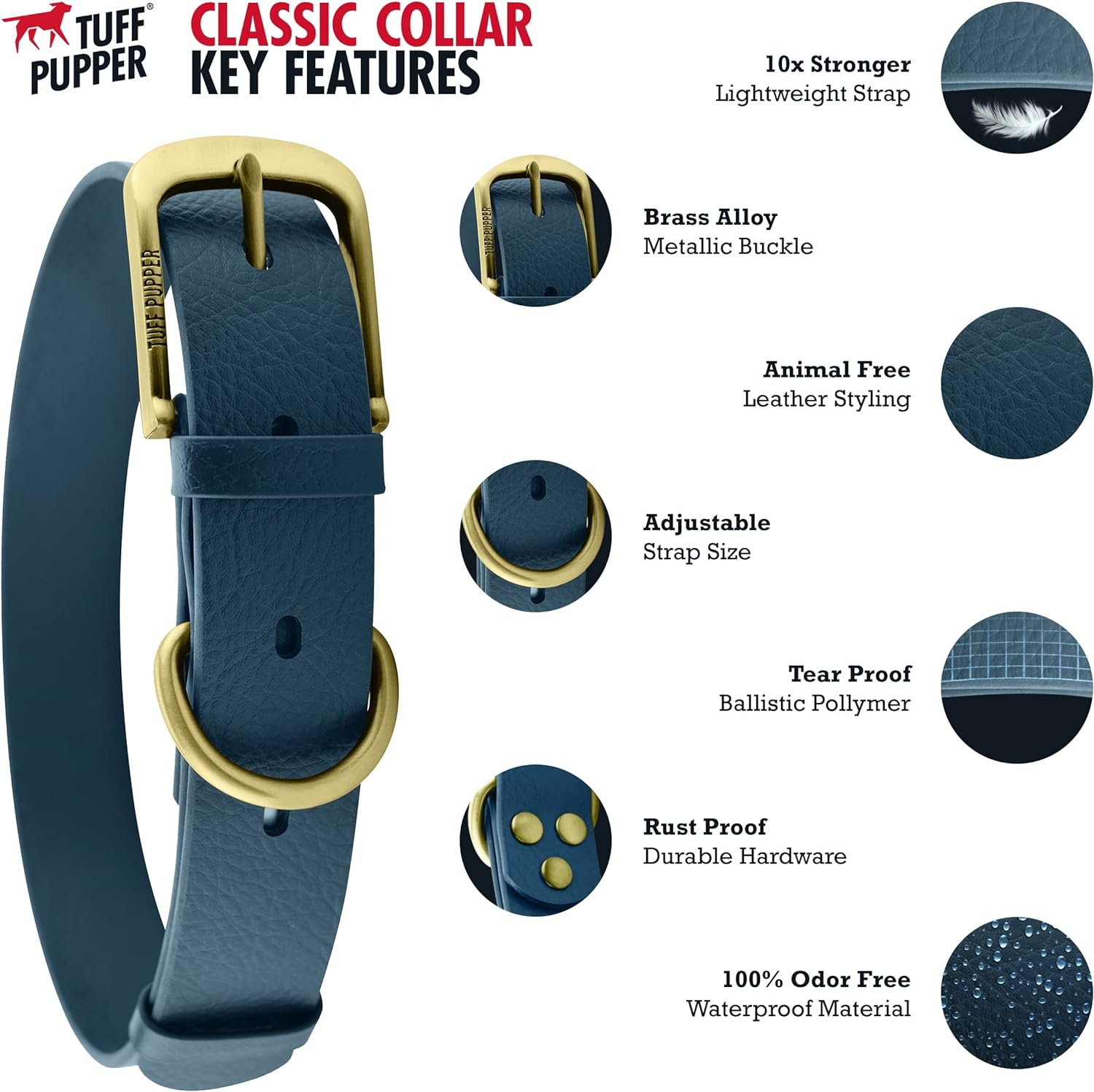 Tuff Pupper Lifetime Heavy Duty Classic Dog Collar | 10X Stronger than Leather | 100% No Absorption Waterproof | No Stink Odor Free | Rust-Proof Brass Hardware | Convenient Sizing for All Breeds image number 6