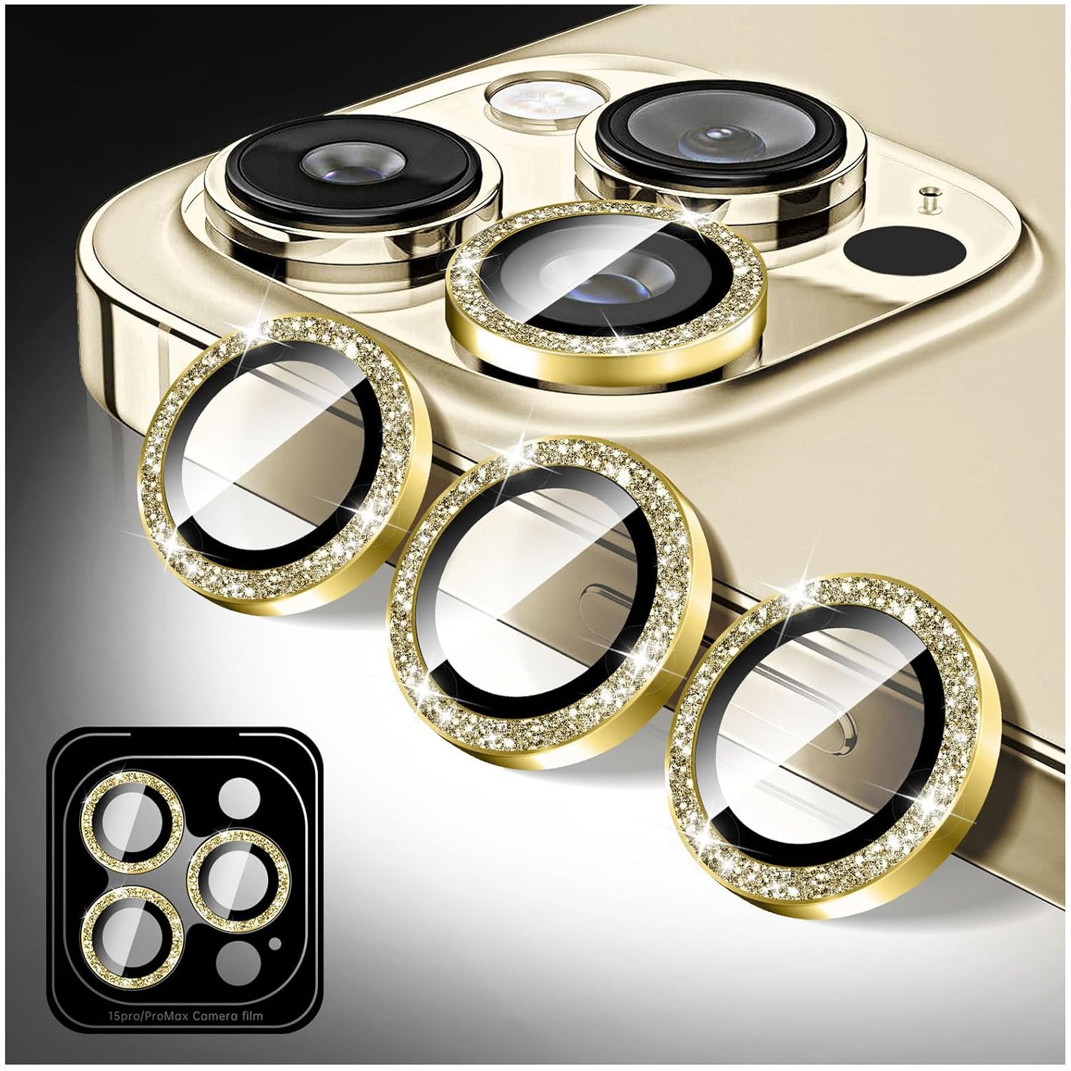 Kucheed Bling Camera Lens Protector for Iphone 14 Pro/Iphone 14 Pro Max, Glitter 9H Tempered Glass Camera Cover Film Stickers, Automatic Alignment Individual Metal Rings Phone Accessories