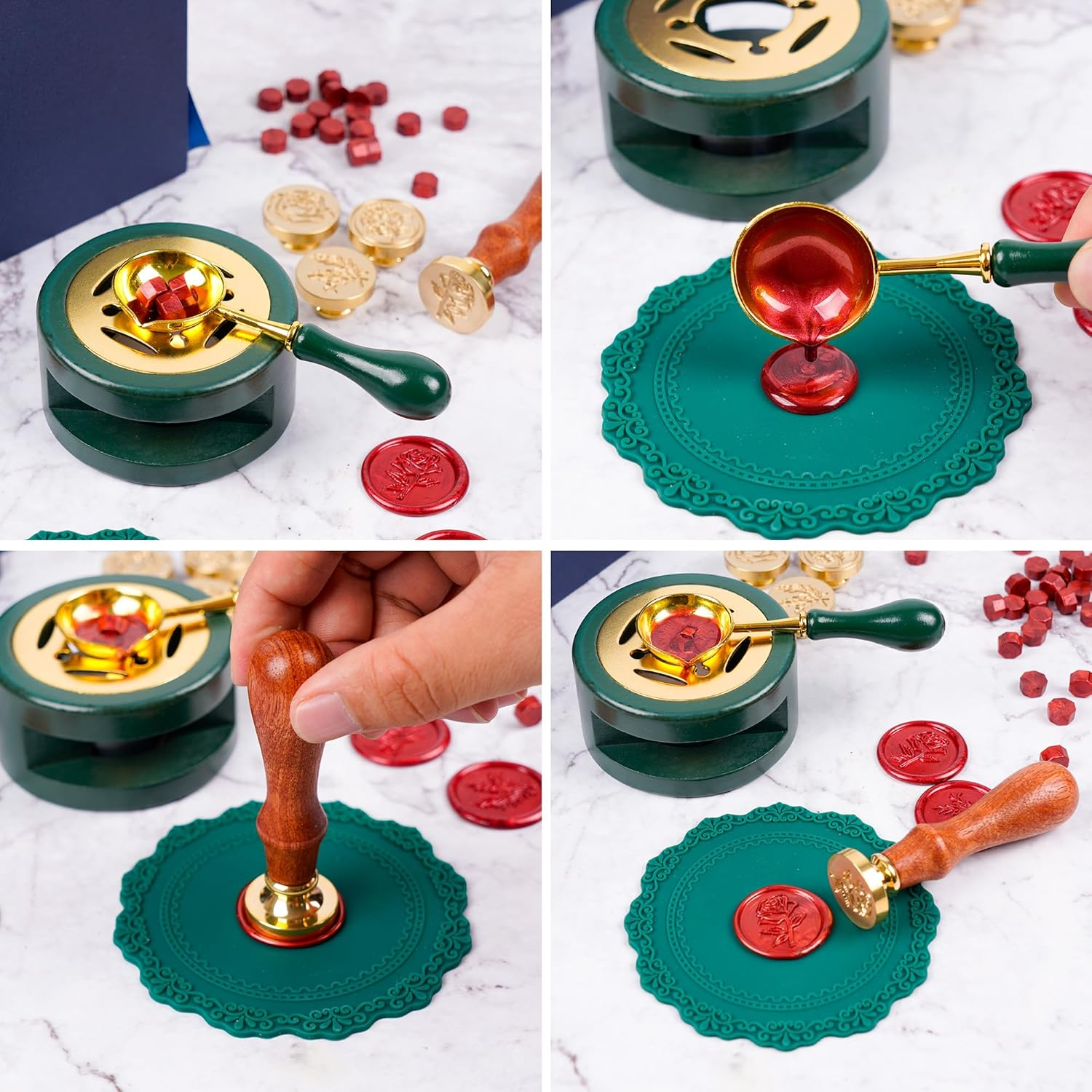 Wax Seal Stamp Set, 4 Pieces Flower Plant Sealing Wax Stamp Premium Brass Heads with 3 Rose Flower Styles 1 Rosemary Style 1 Wooden Handle for Wedding Invitation Greeting Card Envelope Gift image number 1