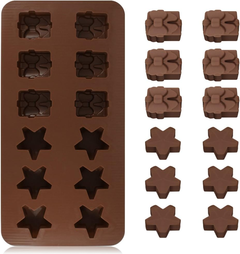 4 Pack Christmas Chocolate Molds, Danzix Chocolate Candy Molds, Cake Decoration, with Shapes of Star, Gift Box, Christmas Tree, Santa Head for Christmas Xmas New Year Cake Decoration