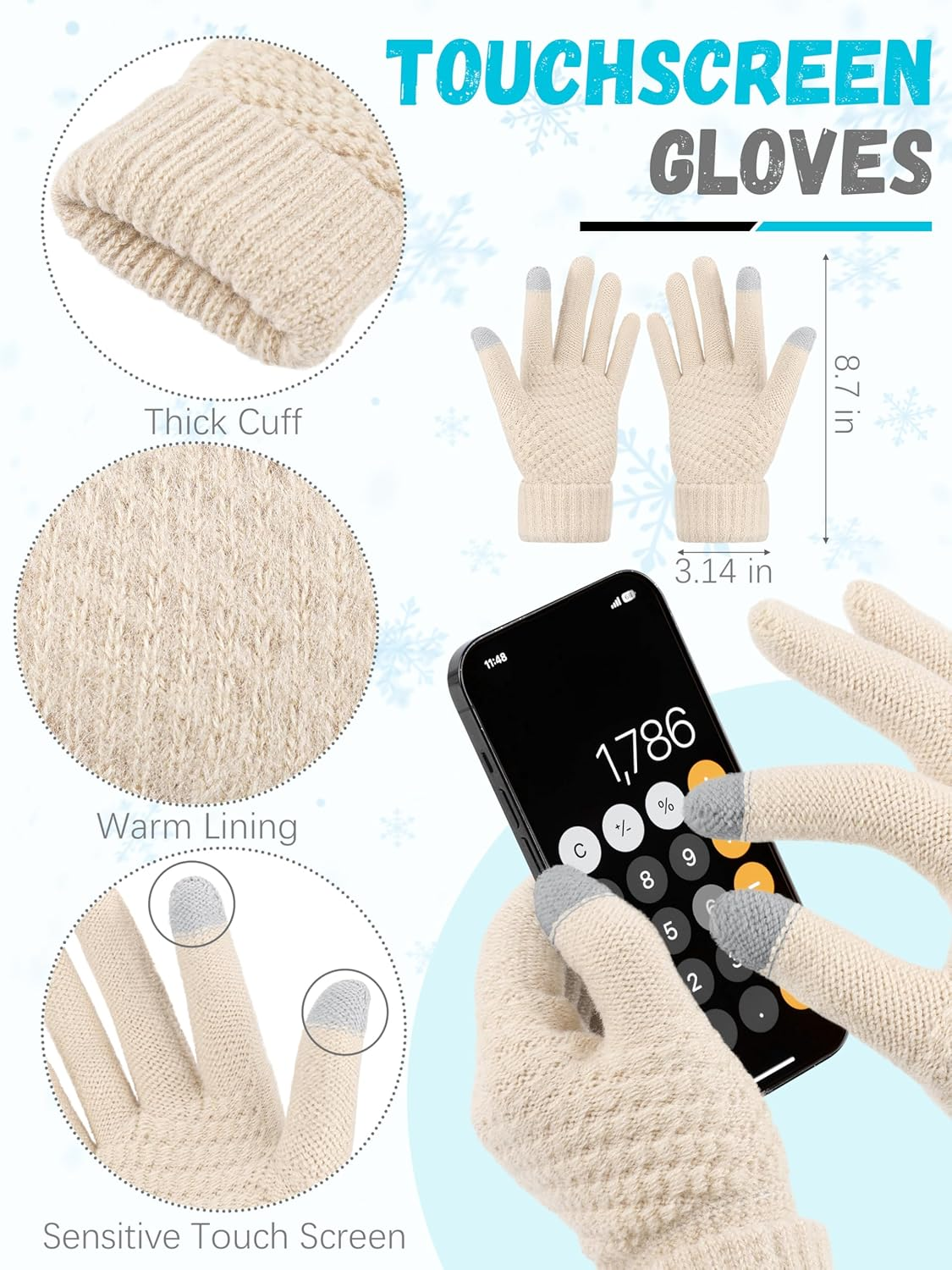 Winter Beanie Hat Scarf Gloves, Warm Fleece Knit Winter Hats Touch Screen Gloves Neck Scarf Set Winter Gifts for Unisex Adult image number 6