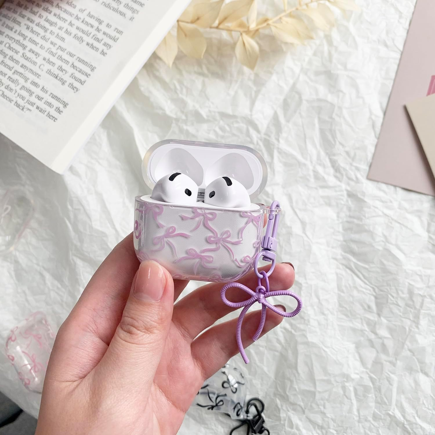 Case for Airpods Pro 2 with Cleaner Kit Soft Cute Bow Pattern Fashion Design Bowknot Aesthetic Shockproof Keychain Headphone Cases for Airpods Pro 2-Purple image number 5