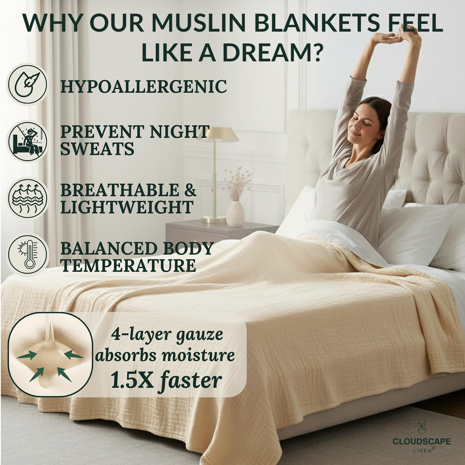 CLOUDSCAPE LINEN Luxury 100% Cotton Muslin Blanket King Size, 4 Layer Oversized 92X108 Fit Upto Calking Bed, Layering Winter Blankets for Bed, Soft Cotton Gauze Quilt, All Season Ivory Bedding image number 1