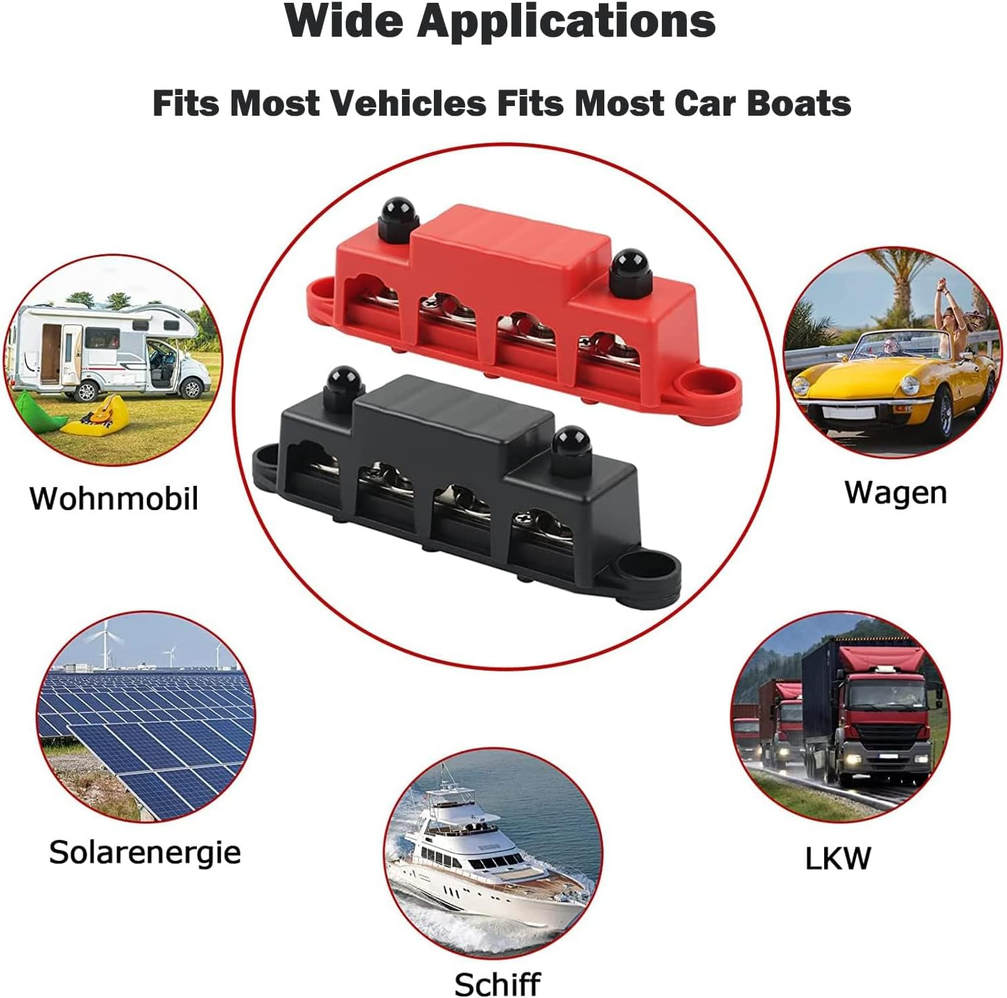 AULESSE 12V-48V DC Bus Bar Power Distribution Block 5/16" (M8) 4 Studs Heavy Duty Busbar Stud Terminal Junction Block with Cover and Ring Terminals 250 Amp for Cars Rvs Ships Yachts (Red+Black) image number 3