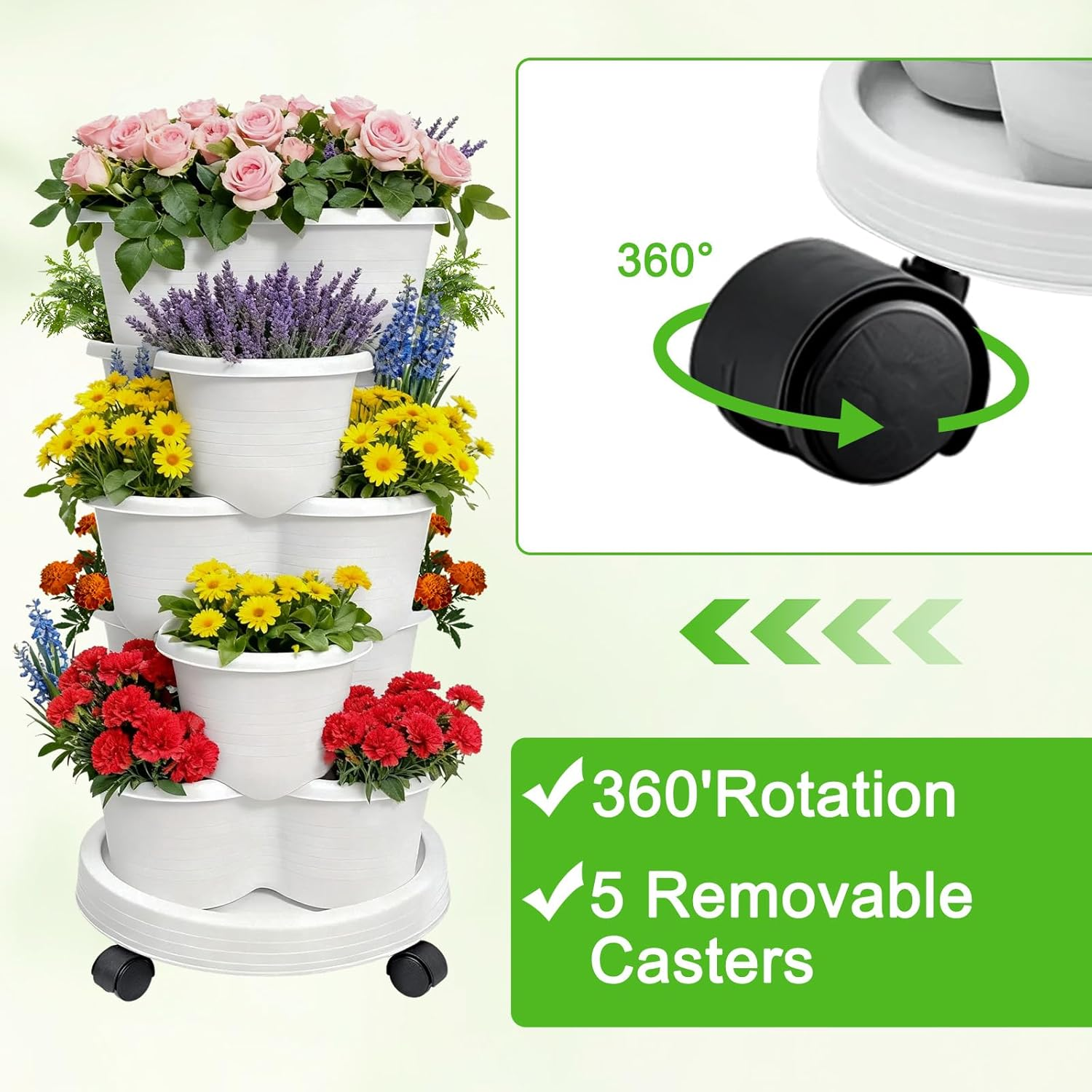 Vertical Planter, 5 Tier Stackable Planters, Indoor Outdoor Gardening Pots with Removable Wheels and Tools, Vegetable Planter for Grow Herbs, Strawberries, Flowers, Succulents