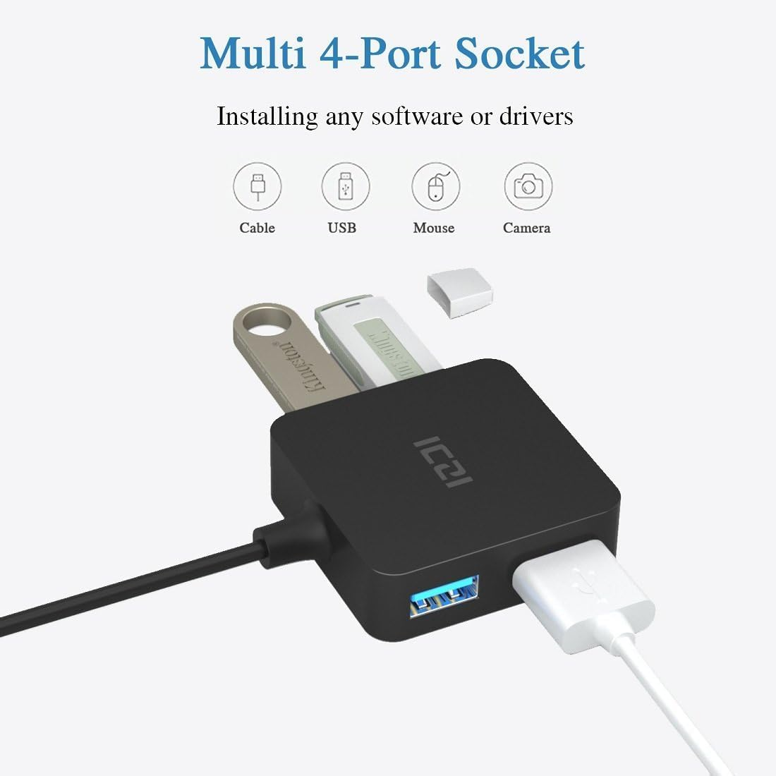 ICZI USB 3.0 Hub, 4-Port Date USB Splitter Adapter for Macbook, Mac Pro/Mini, Imac, Surface Pro, XPS, Laptop, Flash Drives, Mobile HDD image number 1