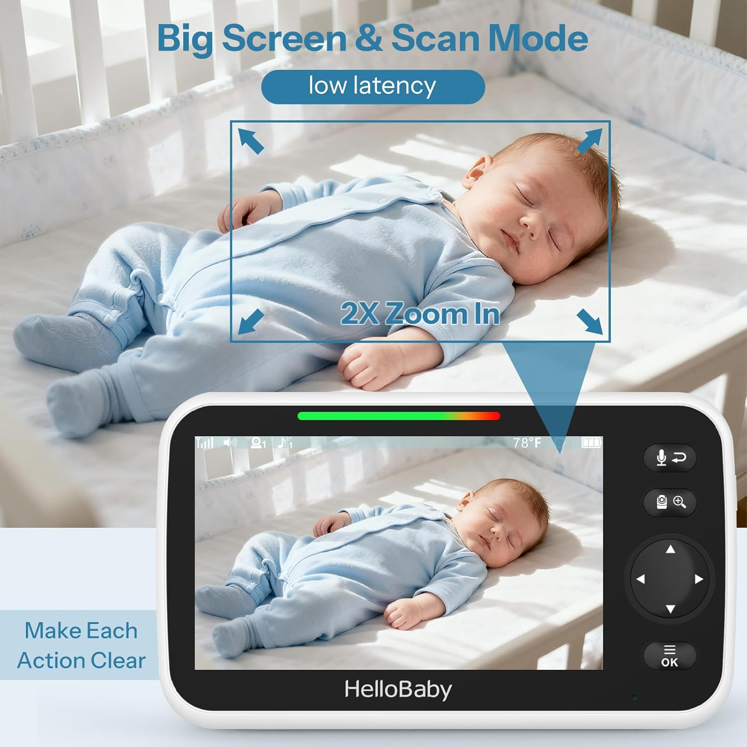 Hellobaby 5" Baby Monitor,30-Hours Battery Life Baby Camera,Baby Monitor No Wifi,Eco Mode, Alarm/Timer Setting,Remote Pan/Tilt/Zoom,Night Vision, 2-Way Talk, 8 Lullabies, Temperature image number 1