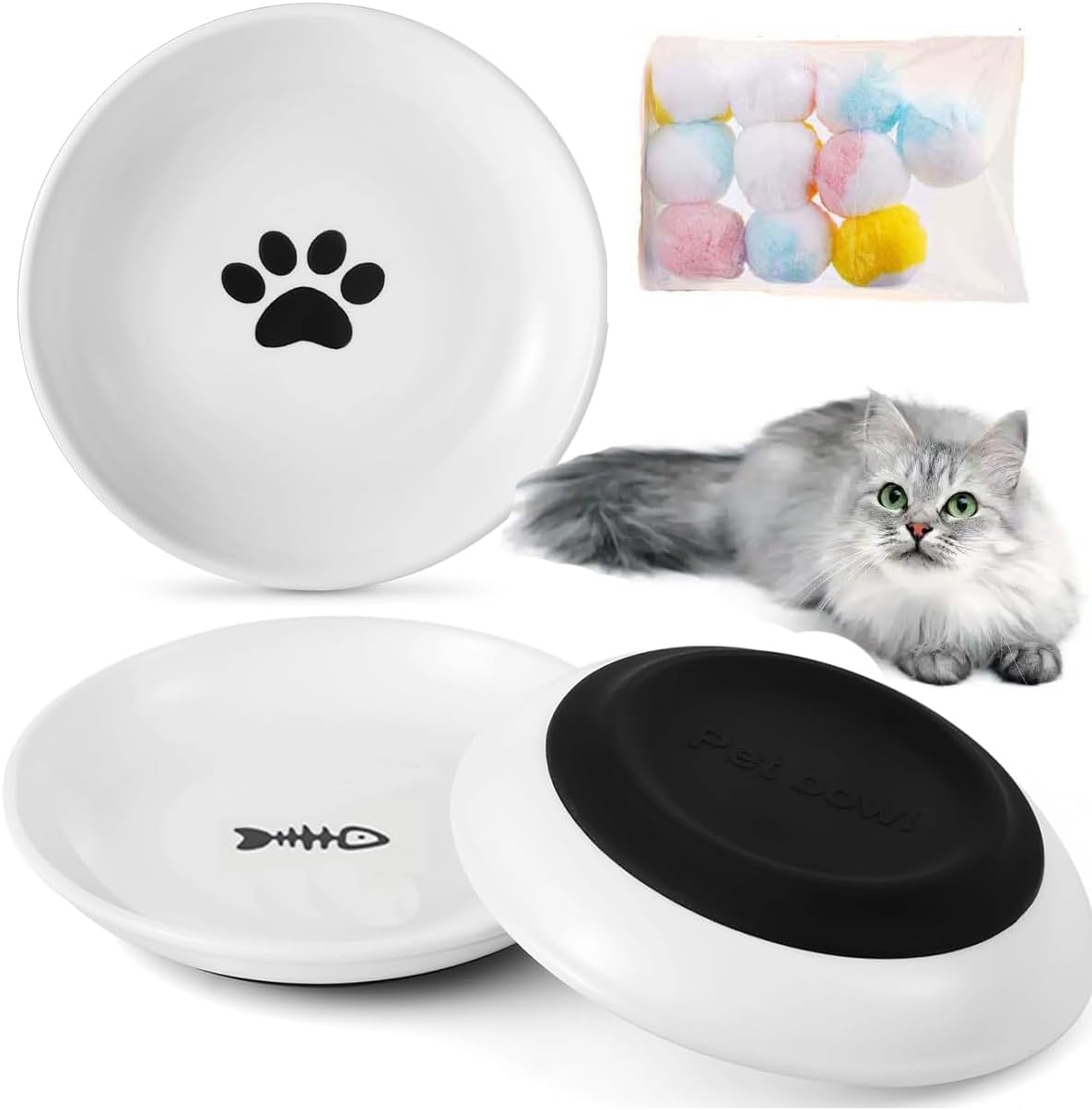 2-Piece Cat Bowls Black Raised Pet Bowl Prevent Neck Pain Feeding Wide Cat Bowl anti Vomiting Cat Feeding Plates with Non-Slip Mat (Green)