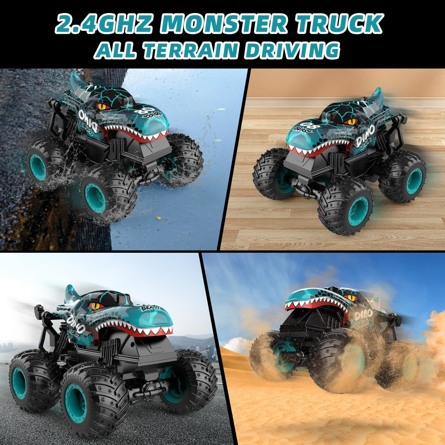 Remote Control Car, 2.4Ghz All Terrain Dinosaur Monster Truck Toys, RC Truck with Music, 3 Lighting Effects, 360 Stunt Capable, All Included Ready to Run, Toy Gifts for Boys and Girls (Cyan) - Green image number 3
