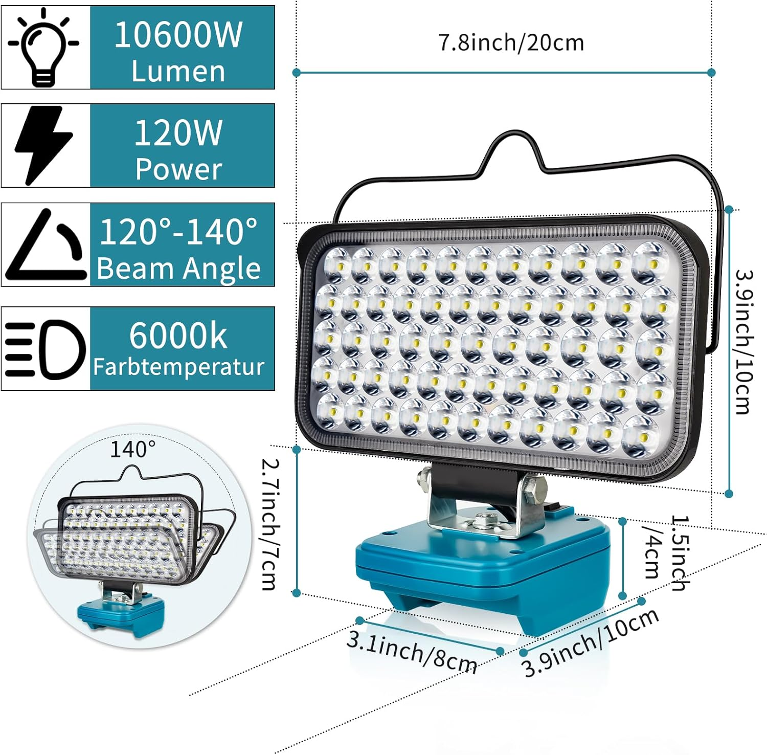Cordless LED Work Light for Makita 18V Battery, Portable Flood Lights 174W Spotlight Compact Lighting 10800LM with Type C & USB Fast Charging for Camping, Hiking, Fishing,Power Failure,Workshop image number 1