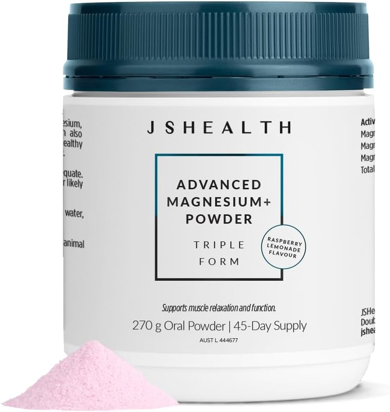 Jshealth Vitamins Advanced Magnesium+ Powder Formula | Raspberry Lemonade Flavour | Muscle Relaxation Supplement with Three Forms of Magnesium for Absorption | Magnesium Glycinate Dihydrate, Magnesium Citrate, Magnesium Amino Acid Chelate | Muscle Function Support | Energy Production Support | (270 G)