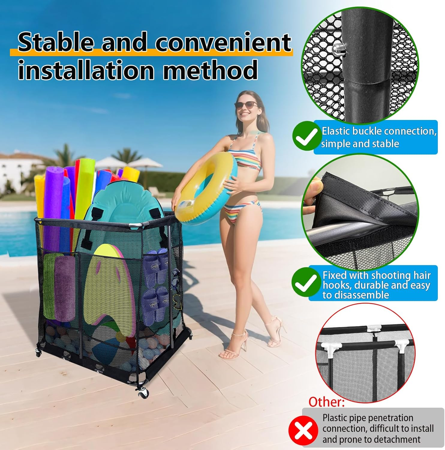 Pool Float Storage Organizer with 2 in 1 Mesh Storage Cover, XXL Nylon Mesh Pool Storage Bin Pool Float Toy Holder with Metal Frame and 360&deg; Wheel for Pool Noodles Toys Floats Balls Equipment (L) image number 5