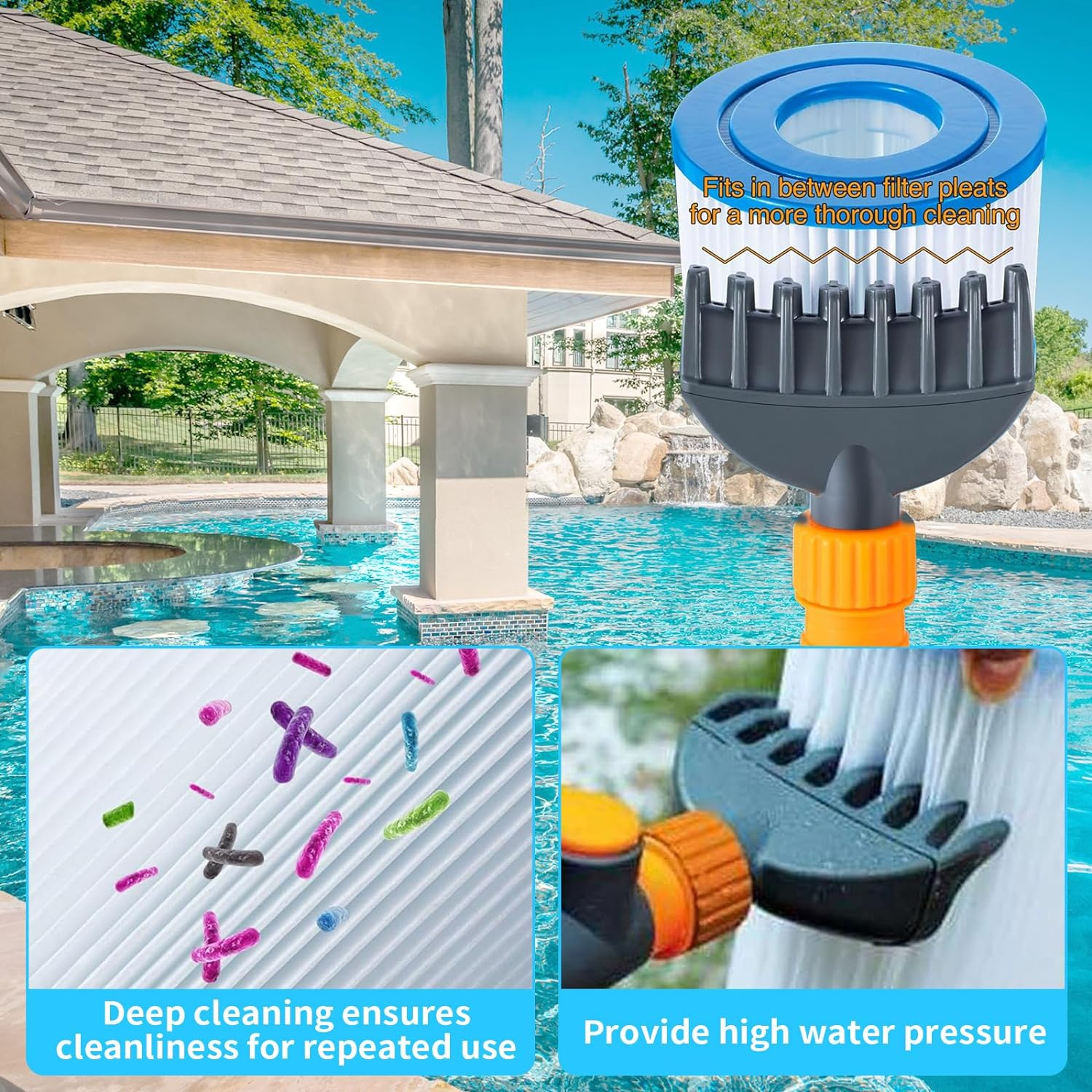 Pool Filter Cleaner Tool, Filter Cartridge Cleaning Brush, Hot Tub and Pool and Spa Filter Cartridge Cleaner Tool, Durable Cleaning Wand with 6 Powerful Water Jets, Clean Dirty Filter Cartridges Kit image number 6