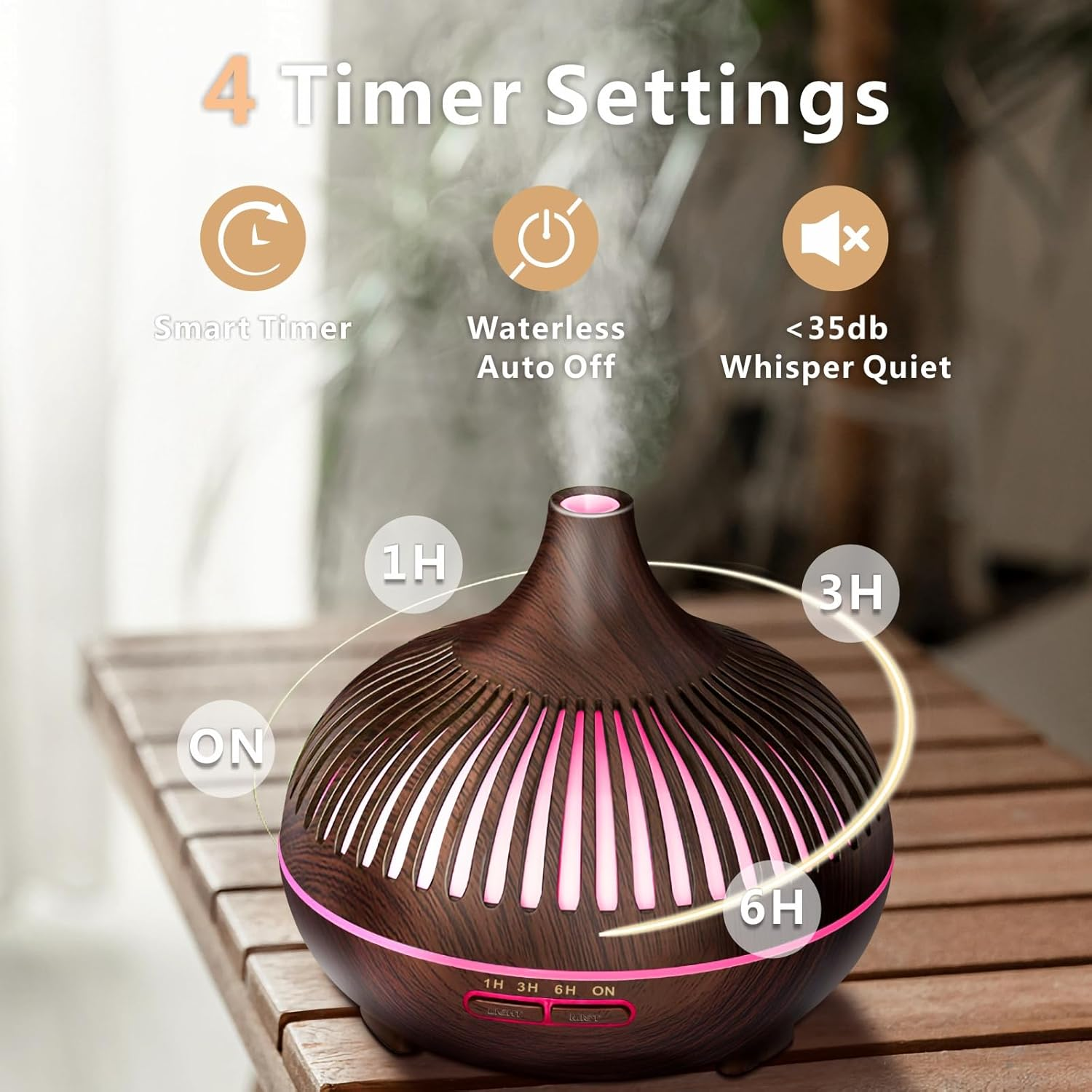 Essential Oil Diffuser, Sunfuny 550Ml Aromatherapy Diffuser Air Humidifier with Remote Control, Aroma Oil Vaporiser, Ultrasonic Fragrance Defuser with RGB LED Light, Xmas Gift (Hollow Dark Wood Grain) image number 4