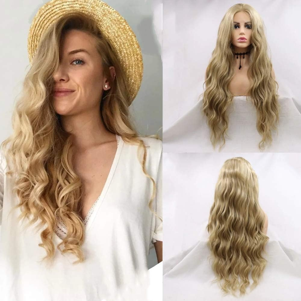 Xiweiya Long Black Wavy Wig Curly Synthetic Lace Front Wigs Middle Part Wig Long Soft Wavy Wig Hair Replacement Wig for Women, Drag Queen Makeup 24 Inch