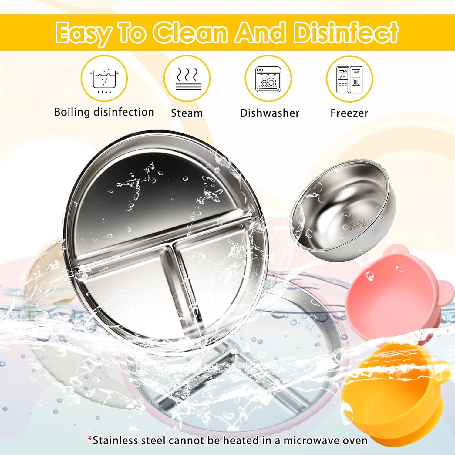 Baby Stainless Steel Feeding Set - 2 Four Leaf Clover Plate + 2 Bowls with Removable Silicone Lids | 100% Food Grade 304 Steel | Dishwasher Safe Toddler Tableware (Pink & Yellow) image number 6