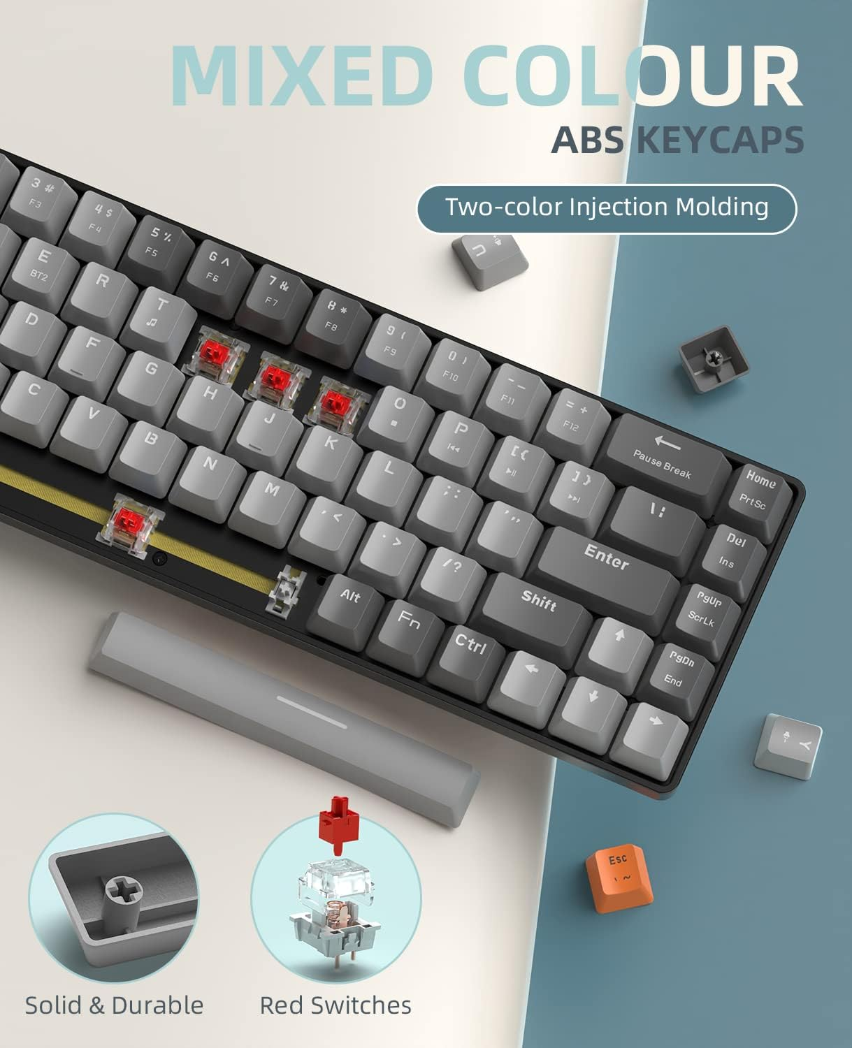 ZIYOU LANG RK68 60% Wireless Mechanical Keyboard, Bluetooth 5.0/2.4Ghz Dual Mode 2-In-1 USB-C Receiver Mini Mechanical Keyboard, Hot Swappable Red Switch Gaming Keyboard for Pc/Mac/Laptops image number 5