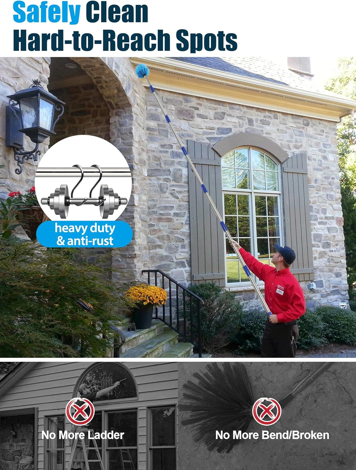 Cobweb Duster with Extension Pole, 10 Ft Spider Web Brush for Outdoor House Cleaning, Cob Web Remover for High Ceilings Fans, Medium-Stiff Bristles Head, Adjustable Long Handle, Lightweight Cleaner image number 5