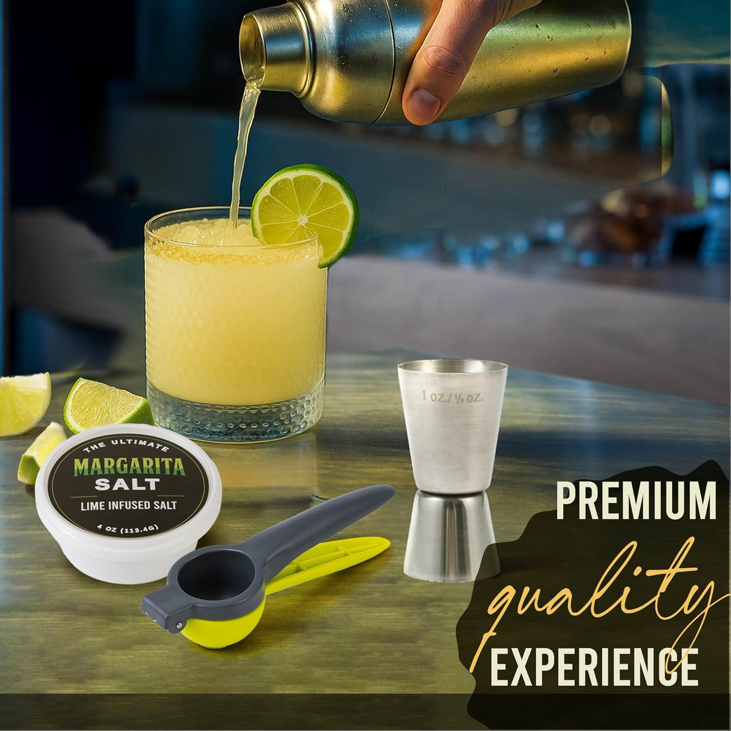 Margarita Kit Gift Set - 5 Botanicals - 2 Glasses - Stainless Steel Shaker & Jigger - Citrus Squeezer - Lime Infused Salt - Dried Lime - Recipe Book - Infusion Cocktail Kit - Basket Gift Set for Women image number 4