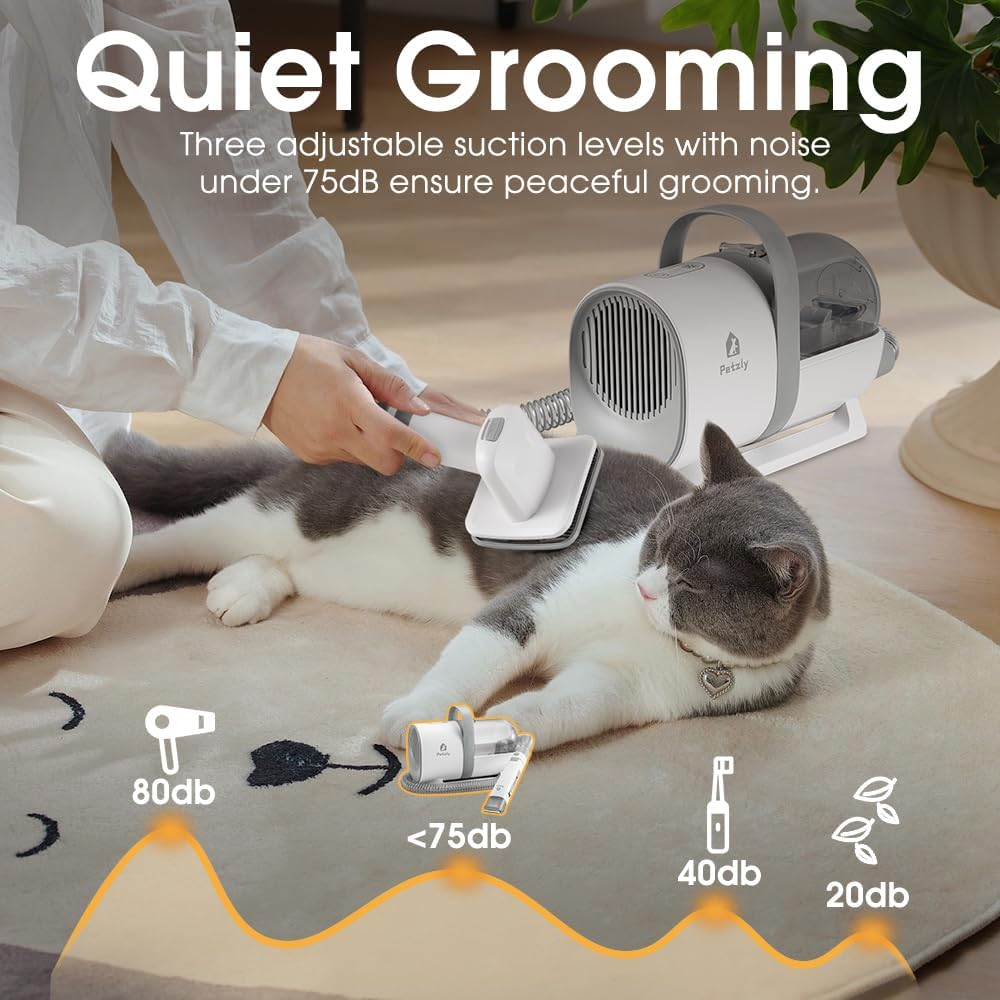 Petzly Dog Grooming Kit, 7 in 1 Pet Grooming Kit with 3 Suction Mode and 1.5L Large Dust Cup, 10000Pa Powerful Dog Vacuum for Shedding Grooming Hair, Low Noise Electric Clipper and Brush, White image number 1