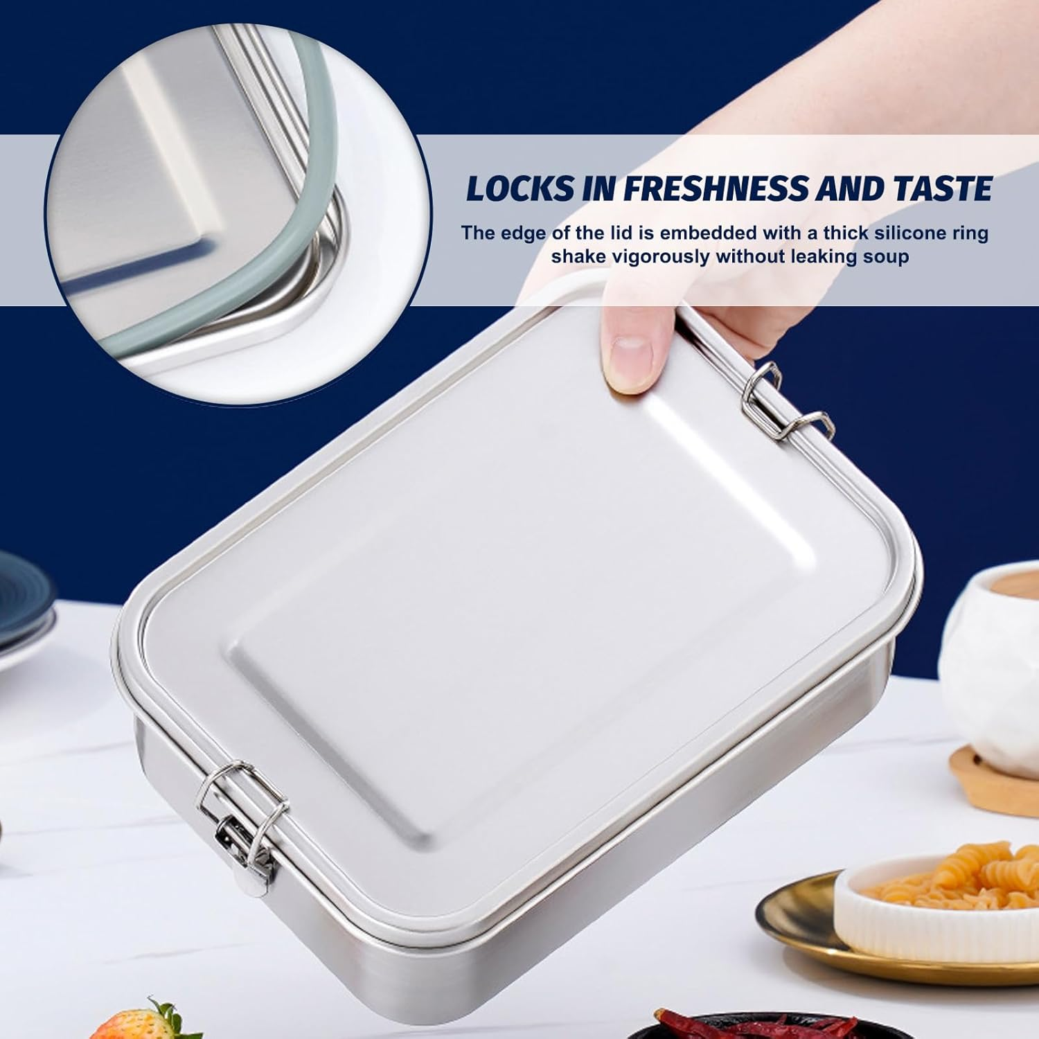 Stainless Steel Bento Lunch Box 1200ML, 3-Compartment Metal Lunch Box for Kids & Adults, Eco-Friendly Meal Prep Container with 45Ml Leak-Proof Dip Container image number 4