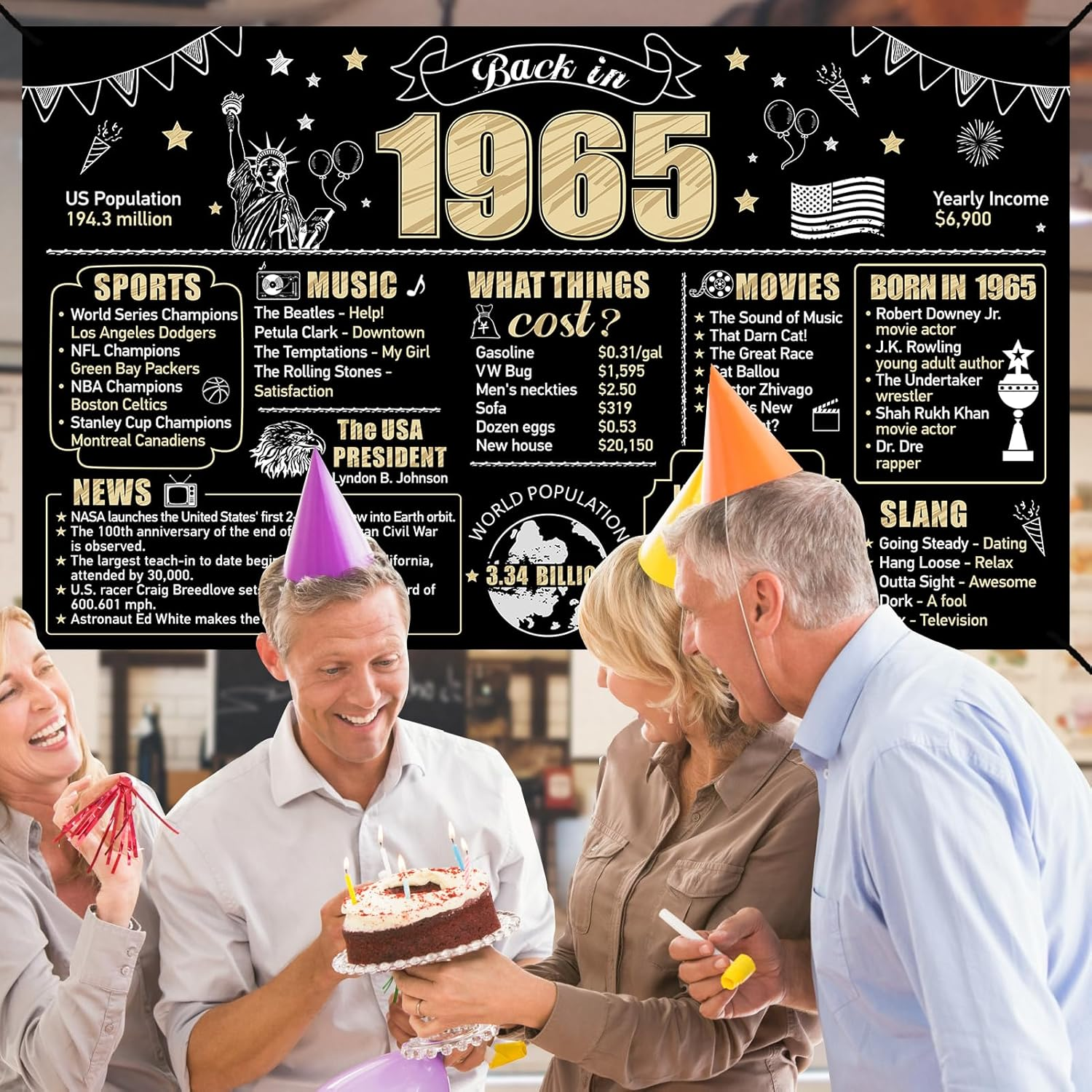 60Th Birthday Decorations Back in 1965 Banner Backdrop for Men Women, Happy 60 Birthday Sign Poster Party Supplies, Black Gold Sixty Bday Photo Background Party Decor for Outdoor Indoor