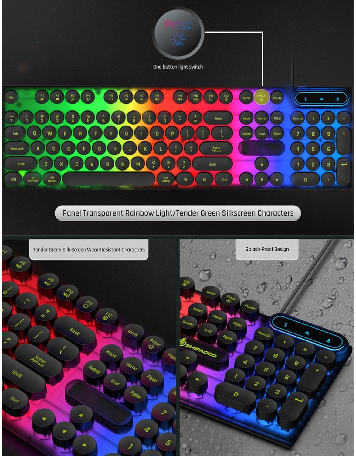 Wired Gaming Keyboard and Mouse Combo, LED Backlit anti Ghost Wired Keyboard Mouse, Retro Punk round Keycaps, 1600DPI Optical Mouse, USB Computer Keyboard for Winxp/7/8/10, OS X - White image number 6