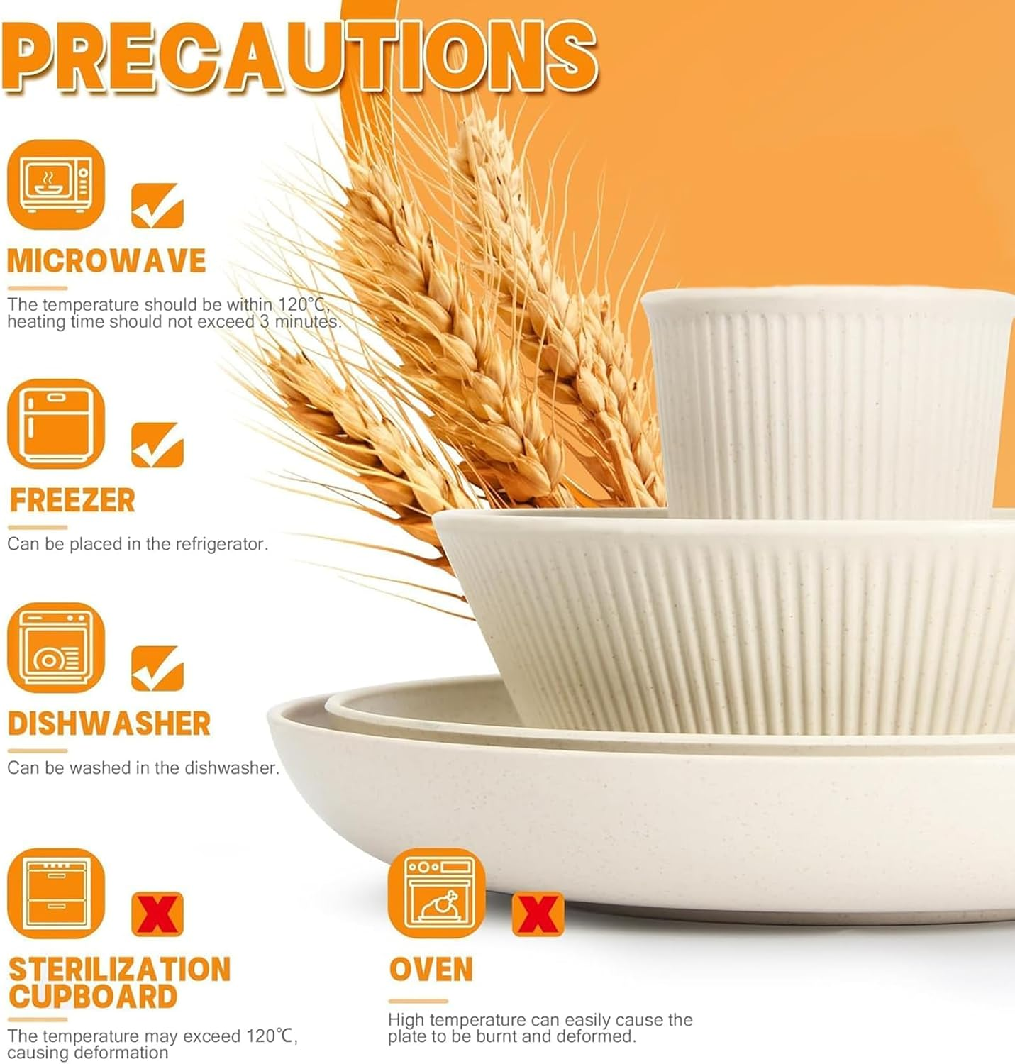 18Pcs Wheat Straw Dinnerware Sets, KELIOO Kids Plastic Plates and Bowls Cups Set, Unbreakable Reusable Dinnerware Microwave Safe Dishes Set for Kitchen, Dorm, Camping, RV, Picnic (Beige)