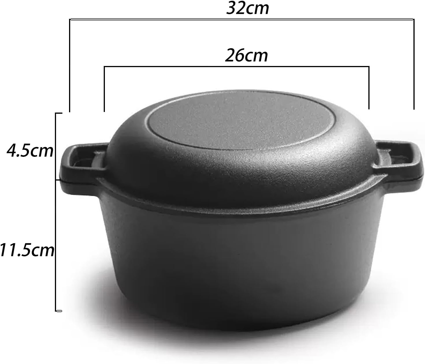 Cast Iron 2-In-1 Skillet and Dutch Oven Lid Combo - 26Cm Fry Pan Converts to 4.6L Pot Lid, Space Saving Design, Oven & All Stovetops Safe, Family Size