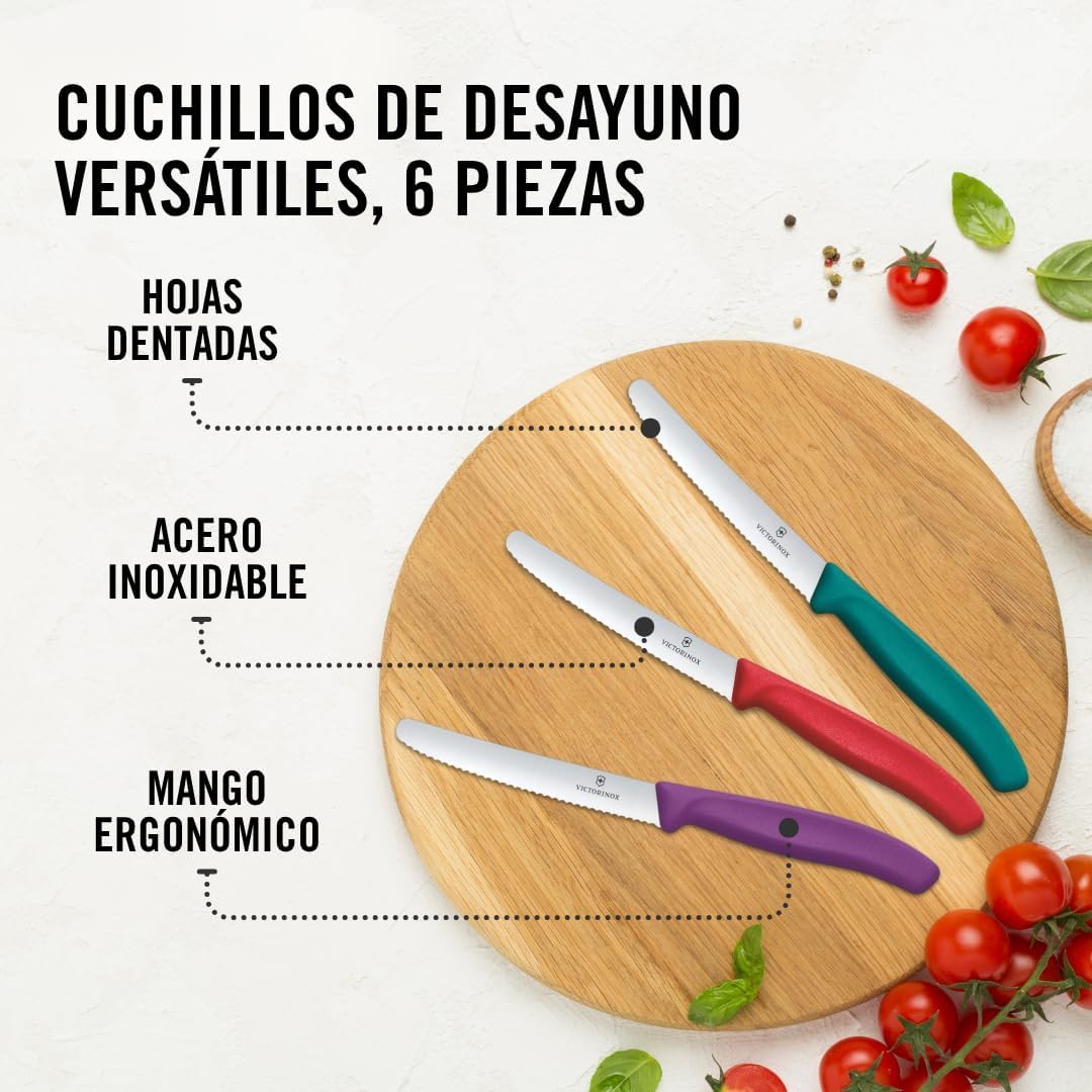 Victorinox Swiss Classic Tomato and Table Knife, Set of 6, Extra Sharp, Wavy Edge, 11 Cm, Stainless Steel, Multicolored image number 2