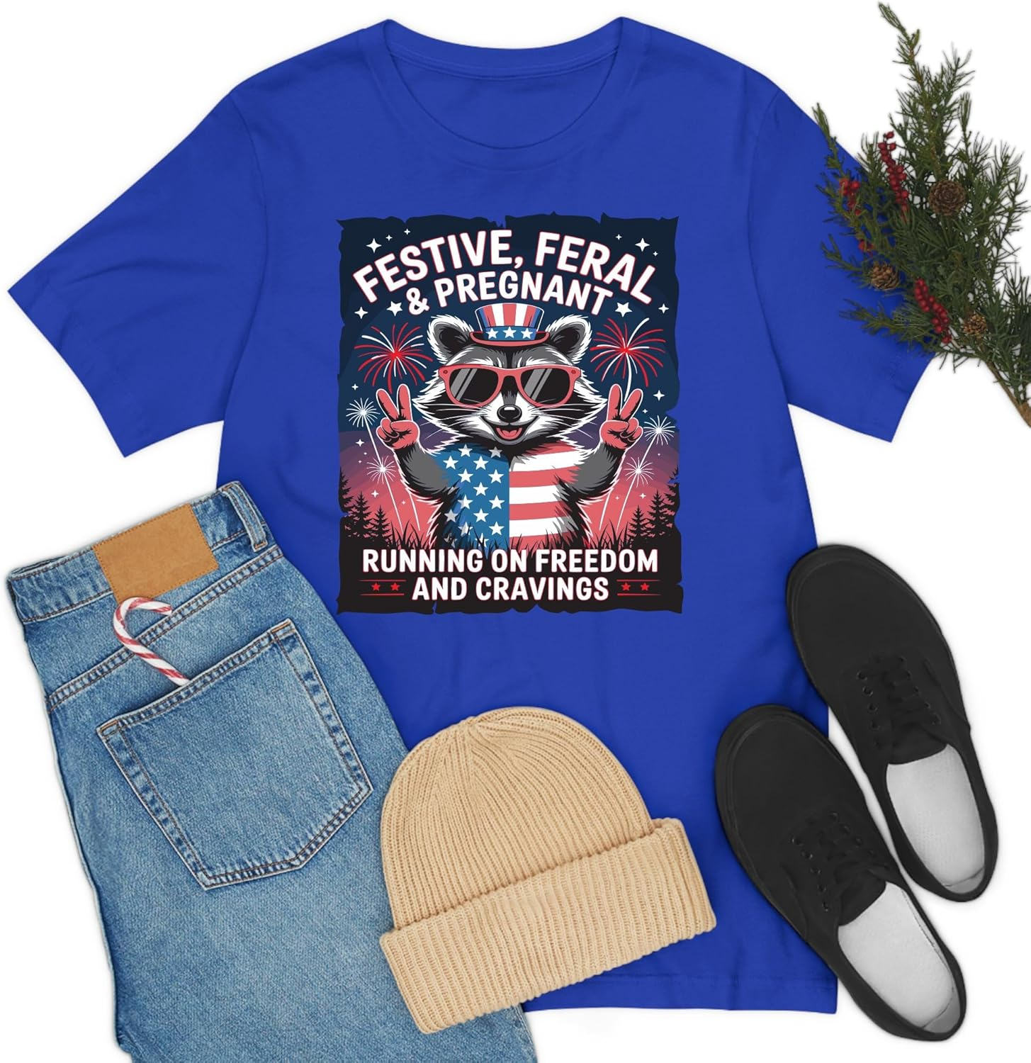 Festive Feral and Pregnant 4Th of July Pregnancy Announcement T-Shirt for Women image number 4