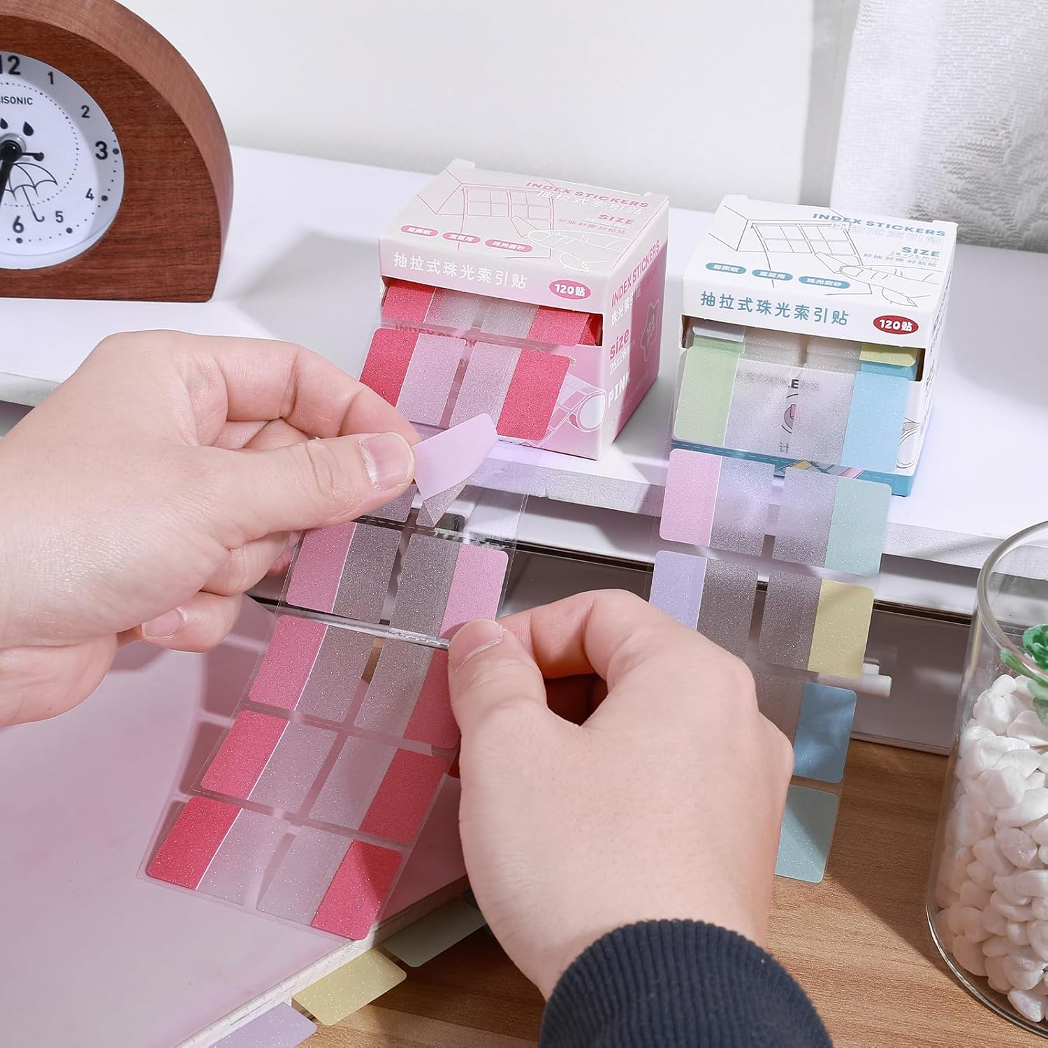 BAYTORY 240 Sheets Transparent Sticky Note, 11 X 9.8 Inch Pop-Out Book Annotating Tabs Glitter Roll Tape with Pull Out Dispenser Boxes, Memo Pads Sticker Label for Noting Writing (Pink & Colored) image number 6