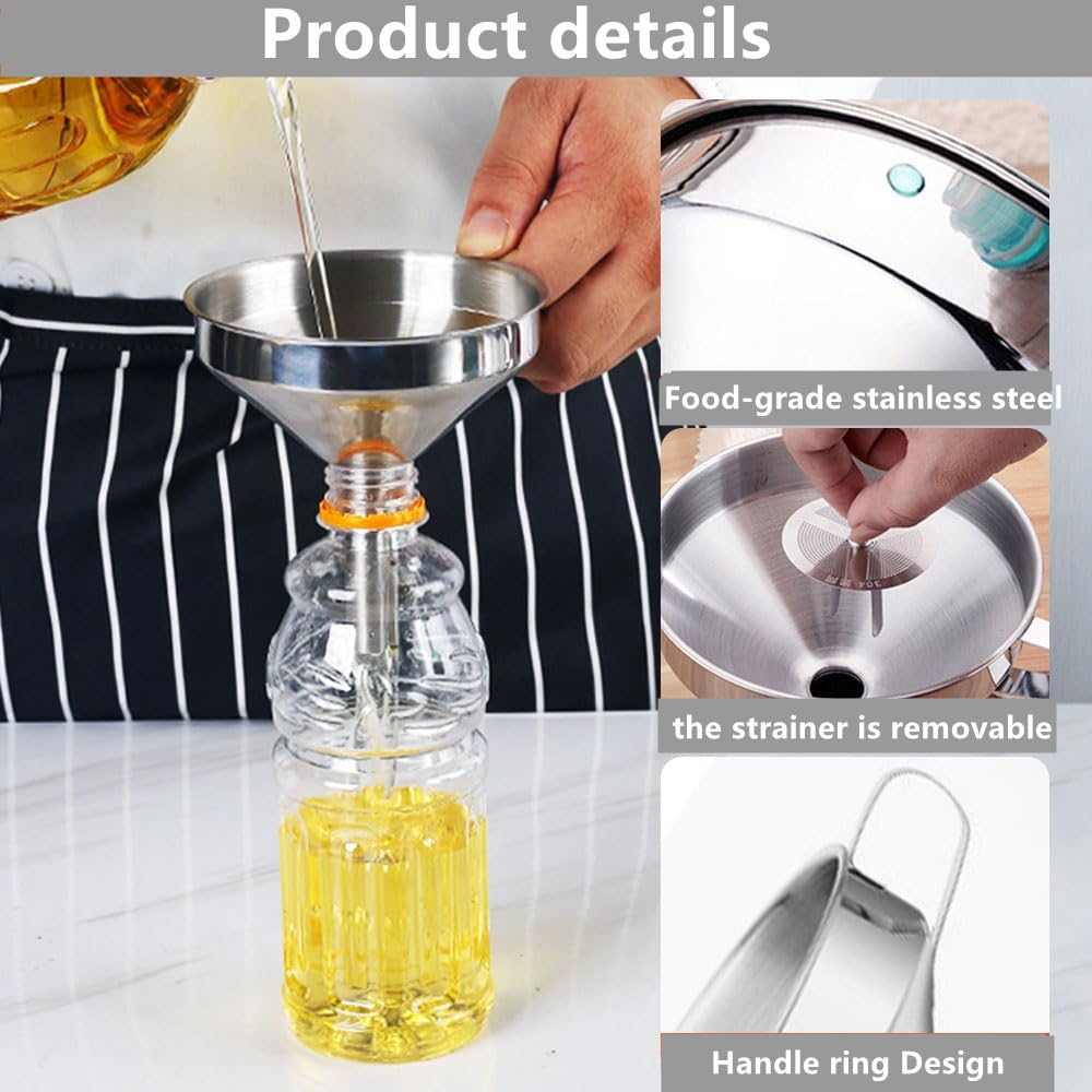 Funnel Filter Kit, Stainless Steel Kitchen Funnel with Removable Strainer/Filter for Transferring of Liquid, Fluid, Dry Ingredients & Powder image number 3
