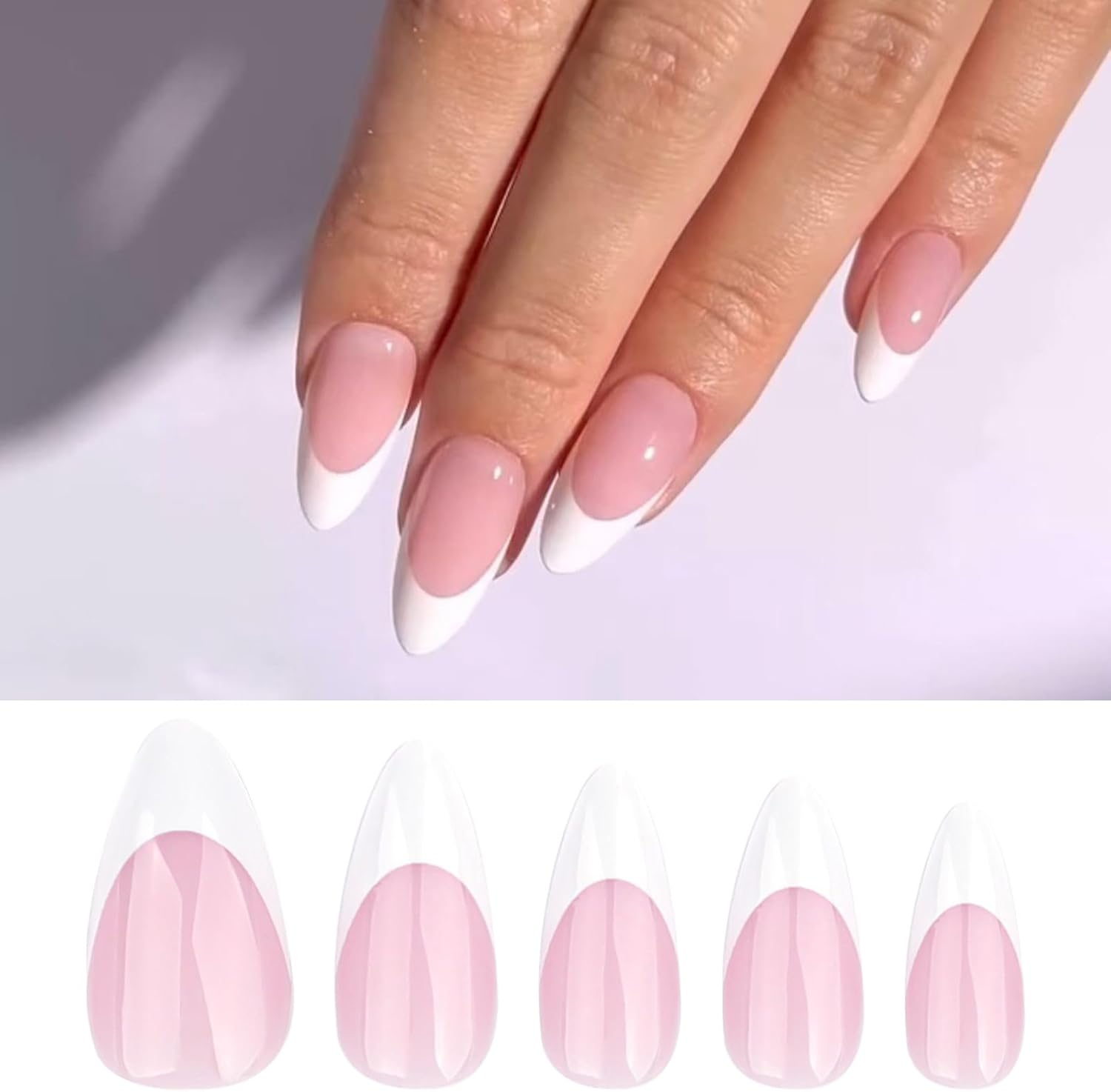 24 Shiny French Tips Faux Elegant Full Coverage Stick on Short Almond Acrylic image number 6