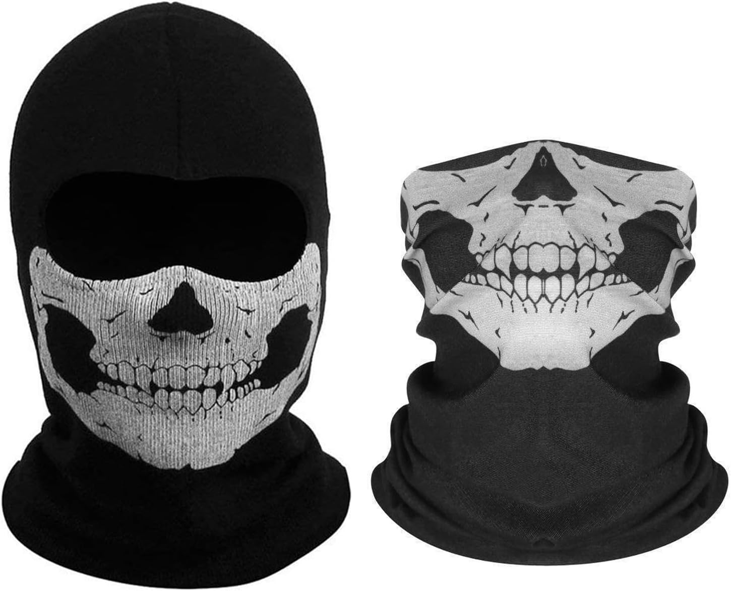 2PCS Skull Full Face Mask and Half Face Mask, Windproof Ski Balaclava, Motorcycle Tactical Balaclava Hood Black image number 3