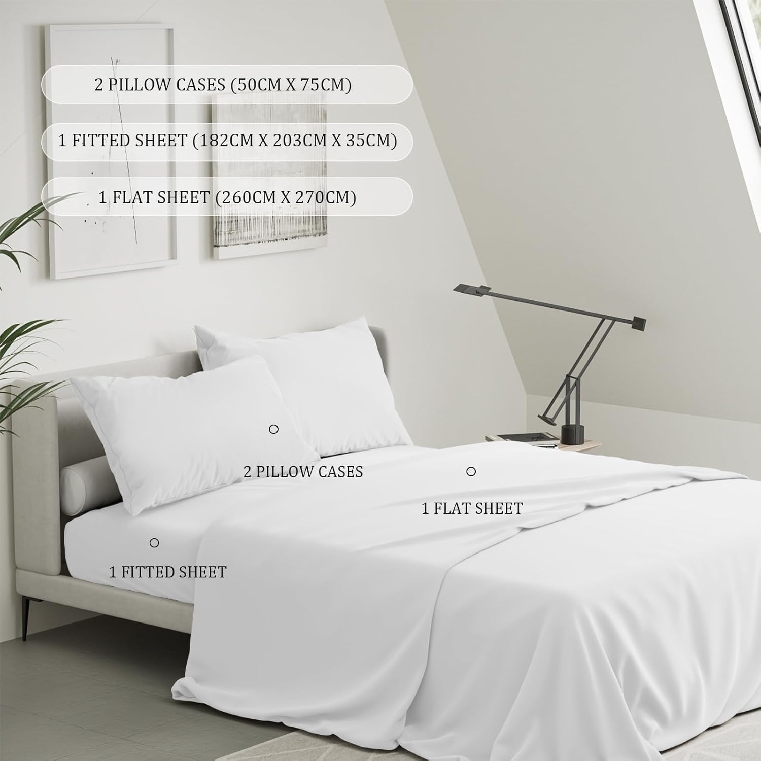 RUN HELIX 4 Pieces King Bed Sheet Set - Ultra Soft Microfibre Fabric Fitted Sheet with 35Cm Deep Pocket, Mattress Protector, Easy Care, Wrinkle Free, Fitted Sheet & Flat Sheet & 2 Pillowcases, White image number 1