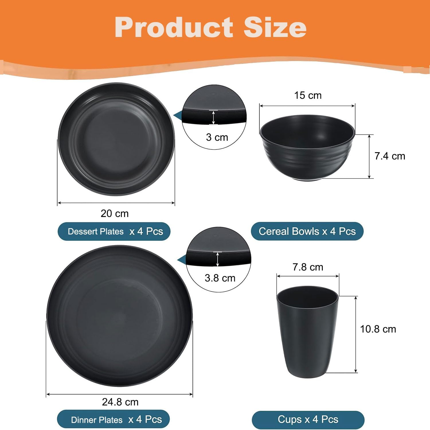 16PCS Wheat Straw Dinnerware Sets, Camping Utensils Reusable Tableware Set BPA Free, Unbreakable Plates, Bowls, Cups, for Kitchen Outdoor Camping Party Home,Microwave Dishwasher Safe-Black