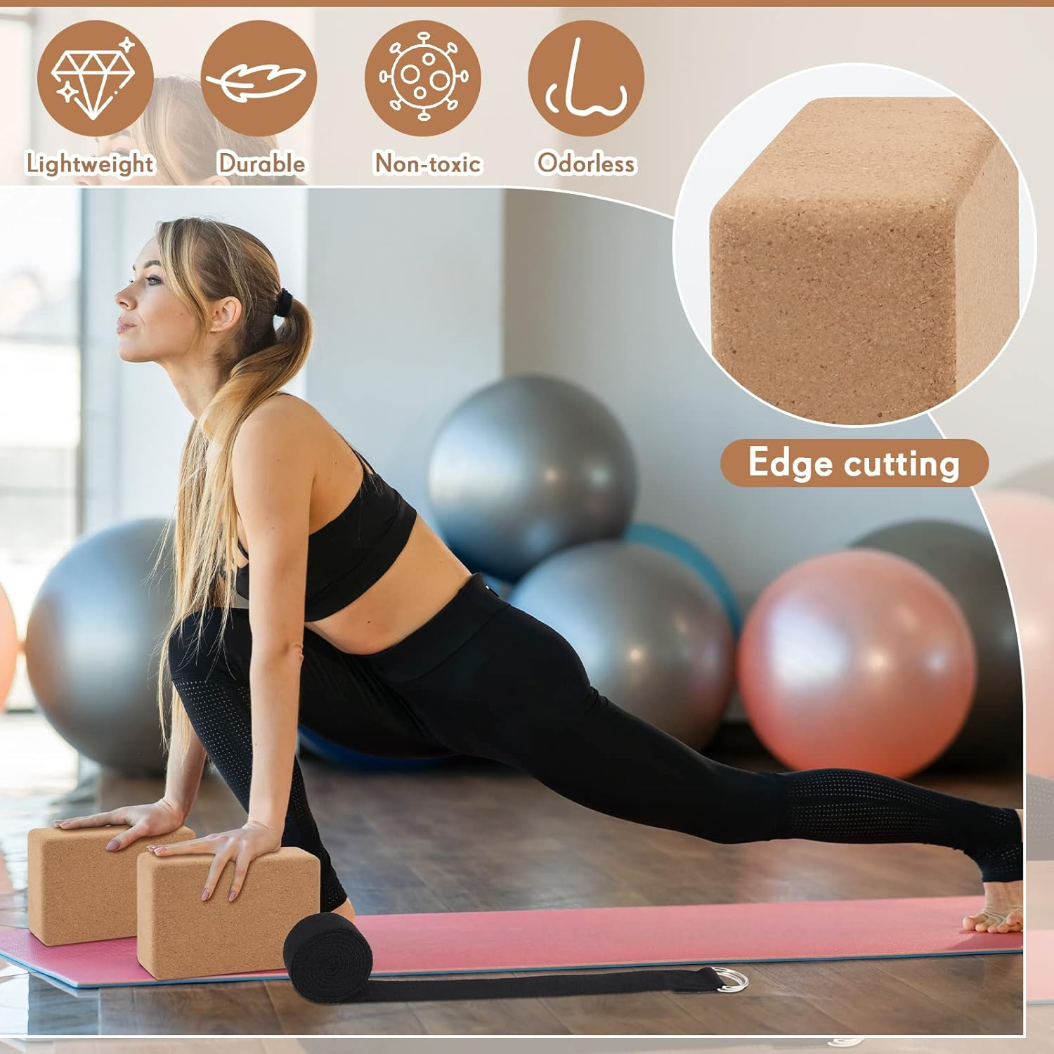 Liliful 8 Pcs Cork Yoga Block with Strap and Resistance Loop Set Yoga Cube Stretch Yoga Bricks with Strap Exercise Bands for Women Men Exercise Stretching Fitness Workout Pilates image number 2