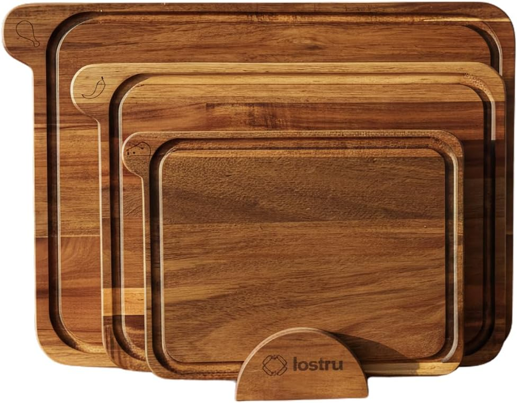 LOSTRU 3-Piece Non-Toxic Acacia Wood Cutting Board Set with Stand - FSC Certified Wooden Chopping Boards - Engraved Food-Safe Icons, Deep Juice Grooves, Kitchen Space-Saving Organizer, Multi-Size image number 5
