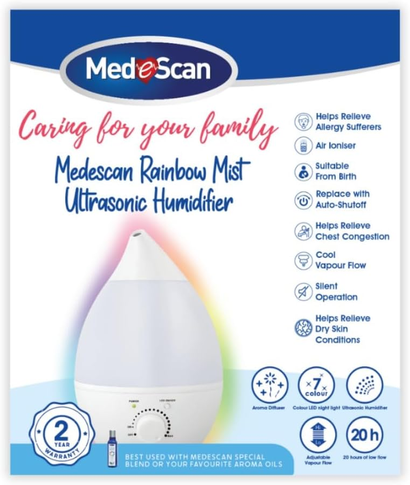 Medescan Rainbow Mist Ultrasonic Cool Mist Humidifier &ndash; 2.8L Tank, 20H Runtime, Aromatherapy Tray, 7-Colour LED Night Light, Whisper-Quiet, Portable & Sleek Design for Home & Bedroom - Filter Required image number 3