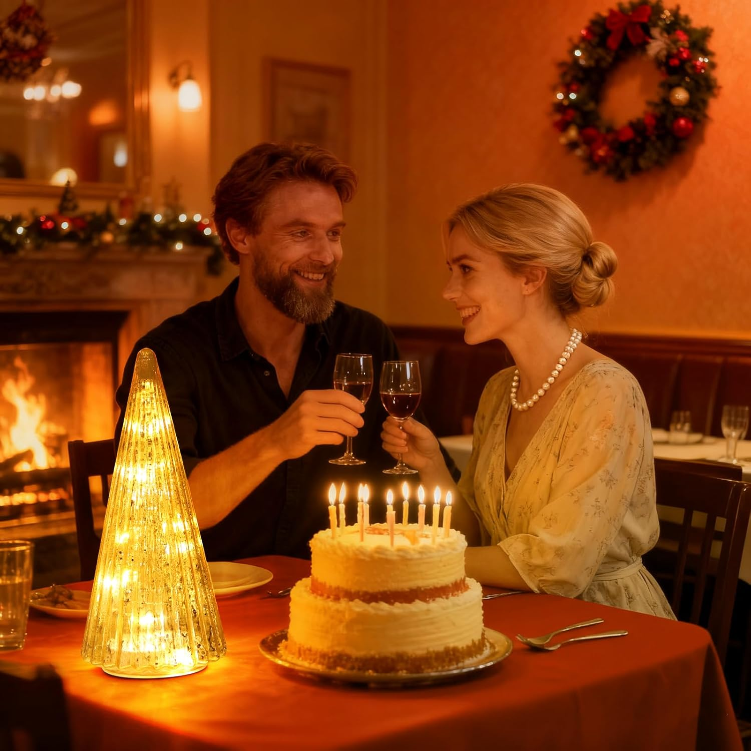 Mercury Glass Christmas Tree with LED Lights,Upgraded Table Top Christmas Tree Decorations with Timer,Widely Applicable to Party,Holiday Home and Mantel Decor (Gold) - Red image number 2