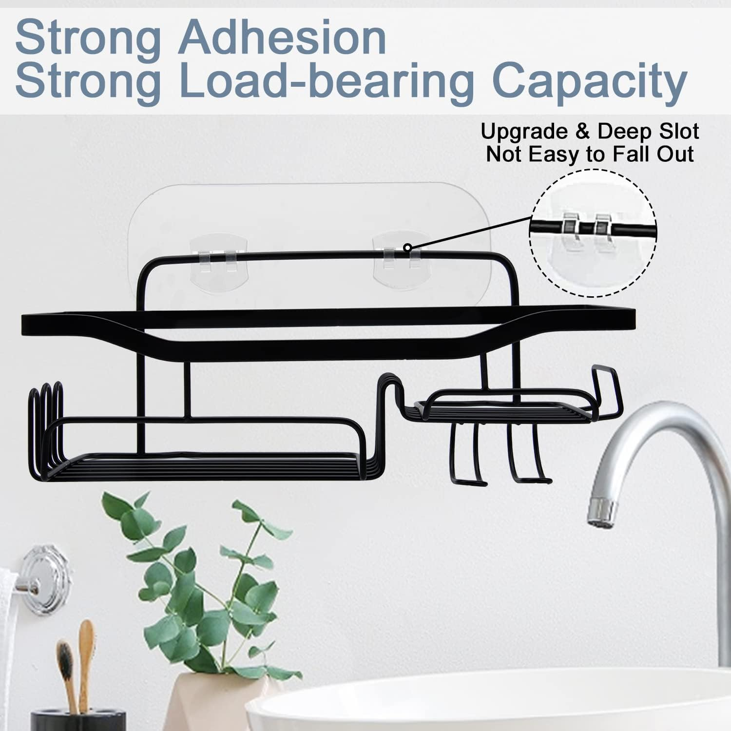 Boperzi Shower Caddy Black Bathroom Organiser - Stainless Steel Wall Shelf Storage Rack Rustproof Wall Mounted No Drilling Holder for Kitchen Storage & Organisation with Hooks, Adhesive Pad, 2 Pack image number 4