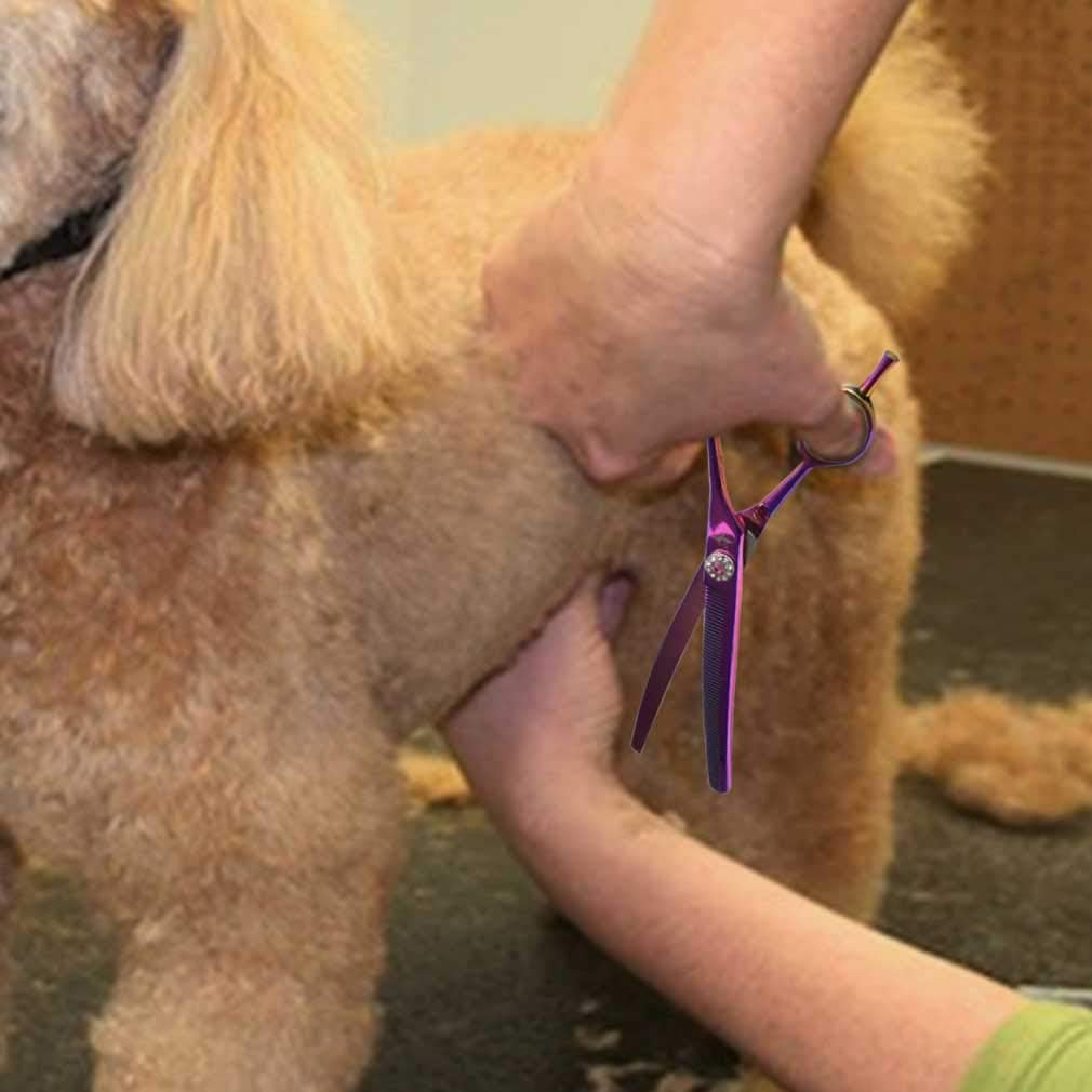 PURPLEBIRD 7 Inch Downward Curved Dog Grooming Scissors Thinning Texturizing Shears Professional Safety Blunt Tip Trimming Shearing for Dogs Cats Face Paws Limbs Japanese Stainless Steel Purple image number 2