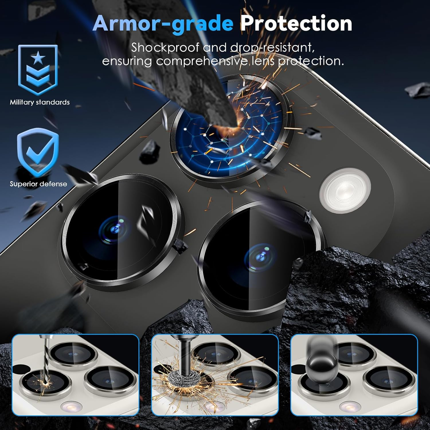 Cloudvalley for Iphone 16 Pro/Iphone 16 Pro Max Camera Lens Protector, [1 Second Installaion] Ultra-Hd Tempered Glass Cover, [Case-Friendly] Metal Lens Screen Protective Ring,Black Titanium - Black image number 3